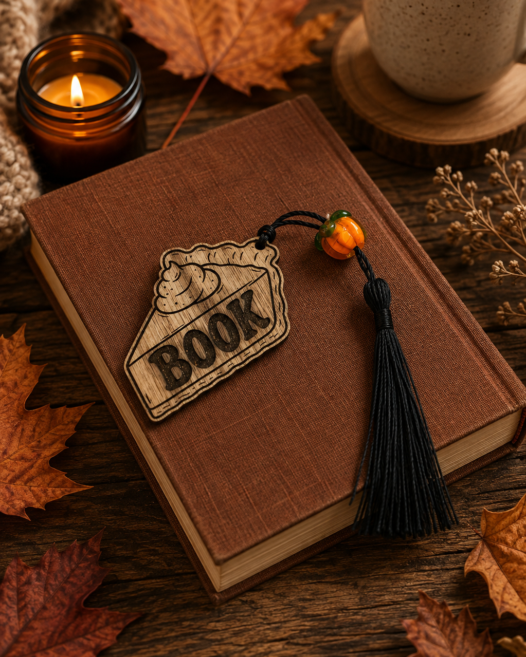 Marque-page Pumpkin Pie en bois gravé BOOK en forme de part de tarte, avec pompon noir et citrouille orange.