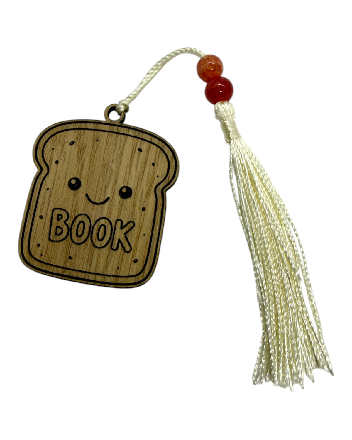 Marque-page Little Toast en bois découpé et gravé au laser, avec cordon, perles et pompon, fabriqué dans l’atelier Lolie’z.