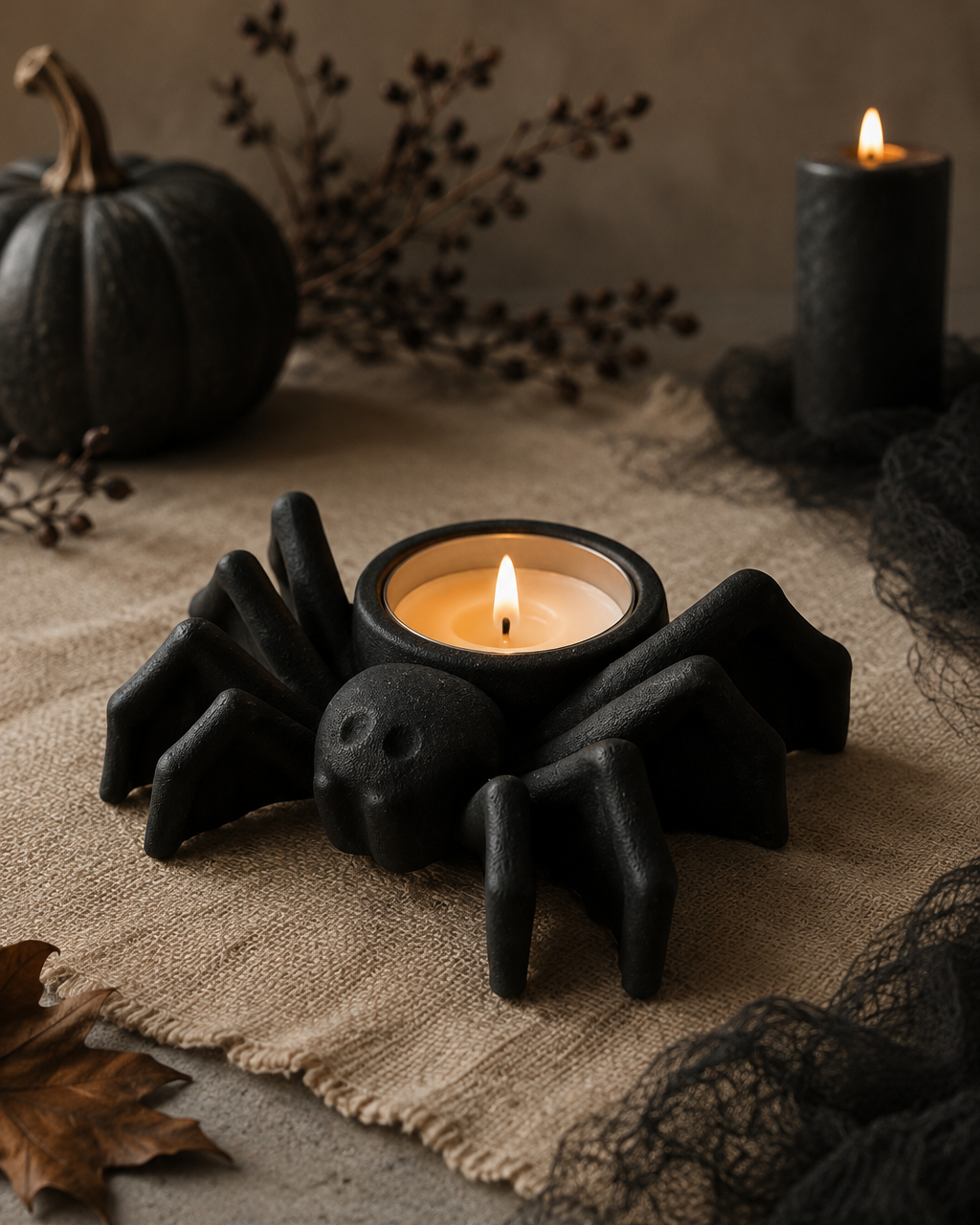Morticia, bougeoir araignée Halloween en résine époxy fait main . création Lolie’z.
