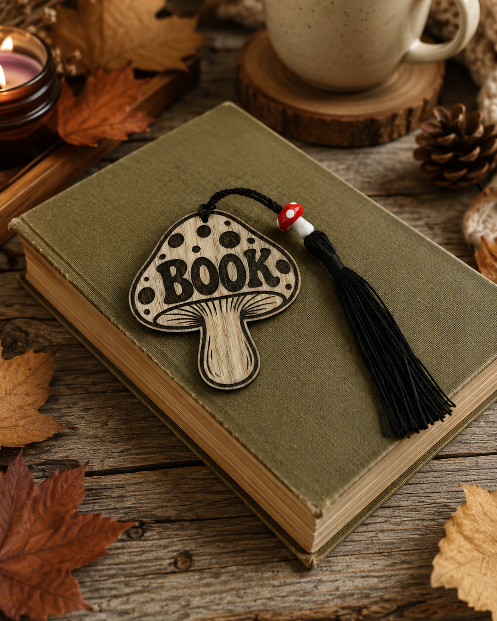 Marque-page Mushroom Lolie’z en contreplaqué chêne gravé en forme de champignon avec inscription BOOK, cordon et pompon noir.