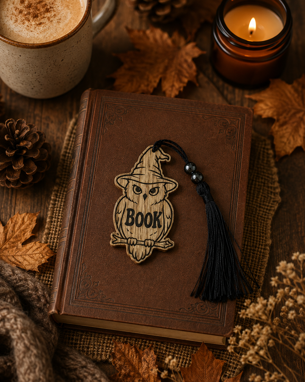 NIGHT OWL, marque-page chouette en bois gravé avec chapeau de sorcière, pompon noir et inscription BOOK, posé sur un livre dans une ambiance automnale.