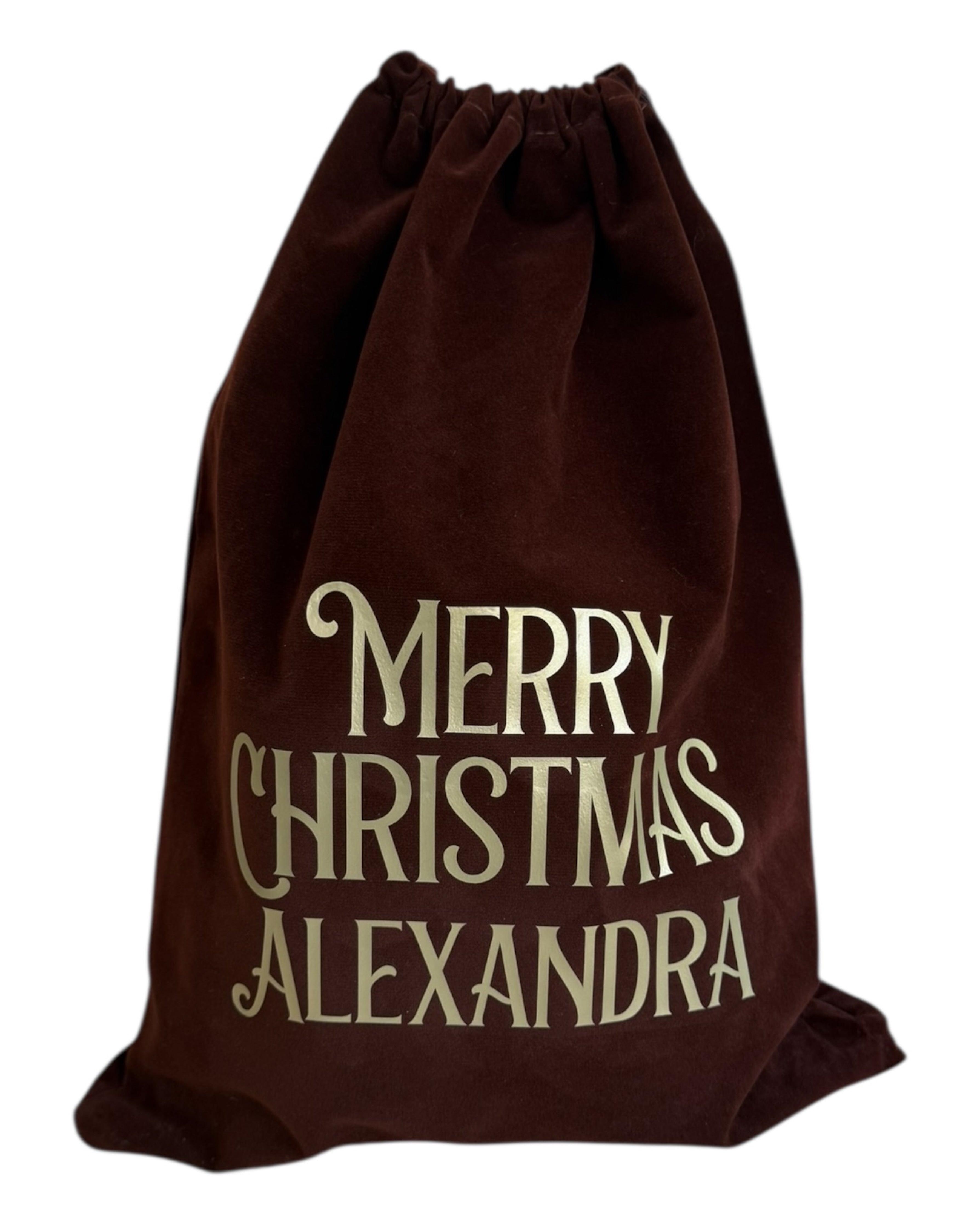 Pochon de Noël en velours Holly Jolly Bag personnalisable, élégant et réutilisable, disponible en bordeaux, vert sapin et chocolat. Lolie'z