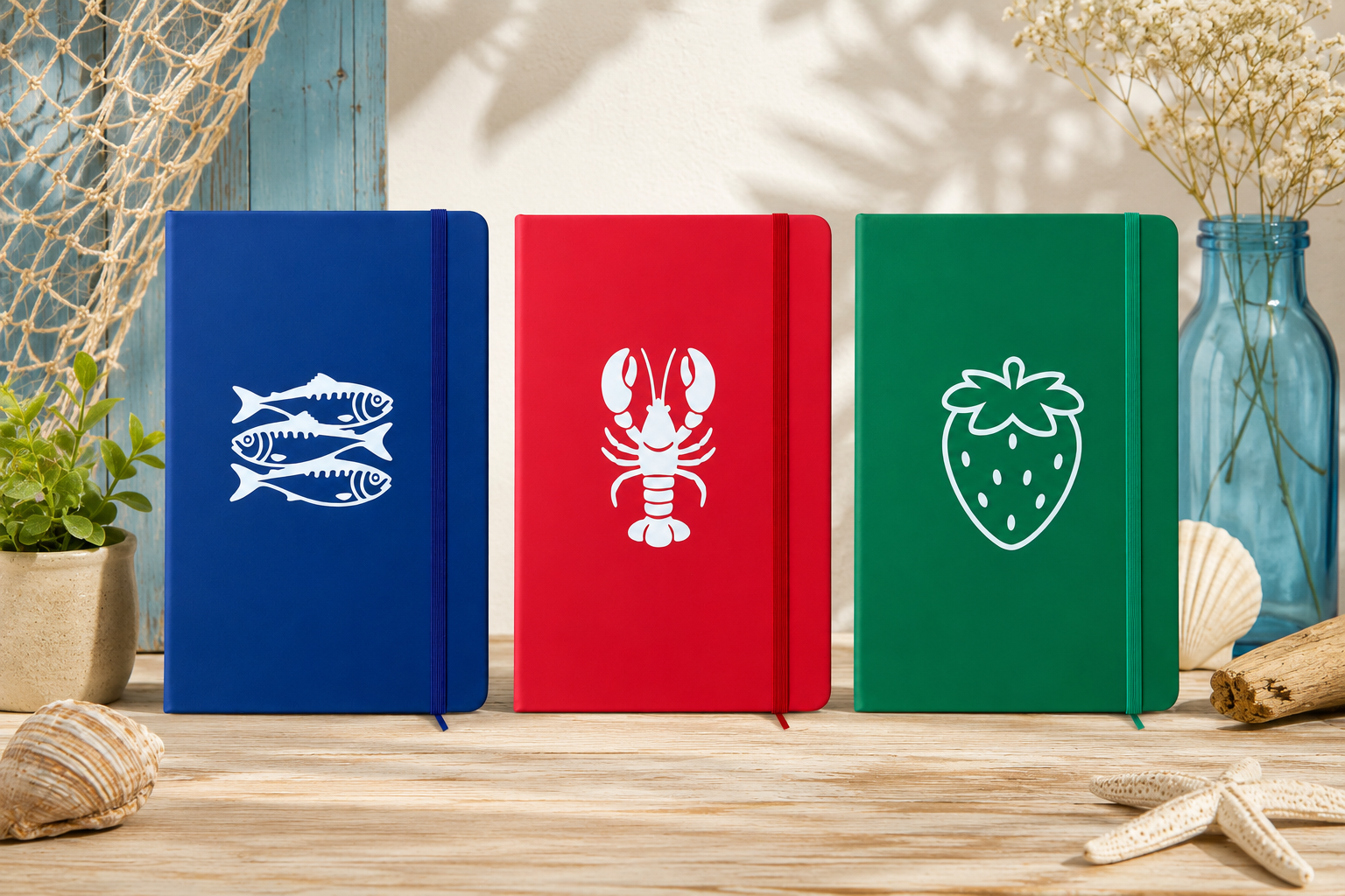 Collection de notebooks 96 pages colorés avec illustrations minimalistes de sardines, homard et fraise dans une ambiance estivale inspirée de la Méditerranée.