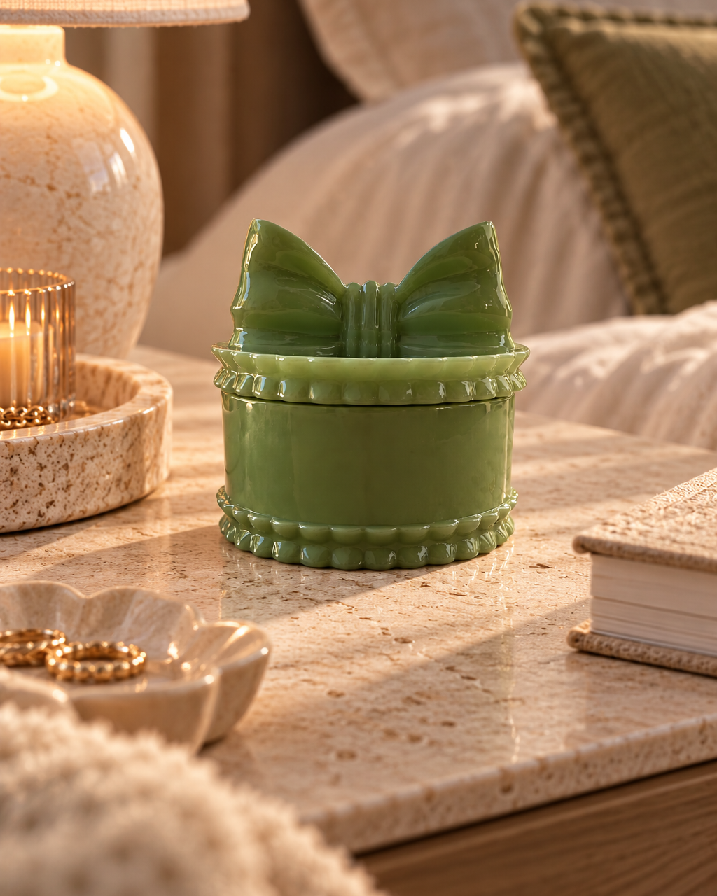 Petite boîte ronde en résine époxy vert olive brillant, ornée d’un nœud sur son couvercle et de bordures festonnées, posée sur une coiffeuse claire dans une ambiance élégante et lumineuse.