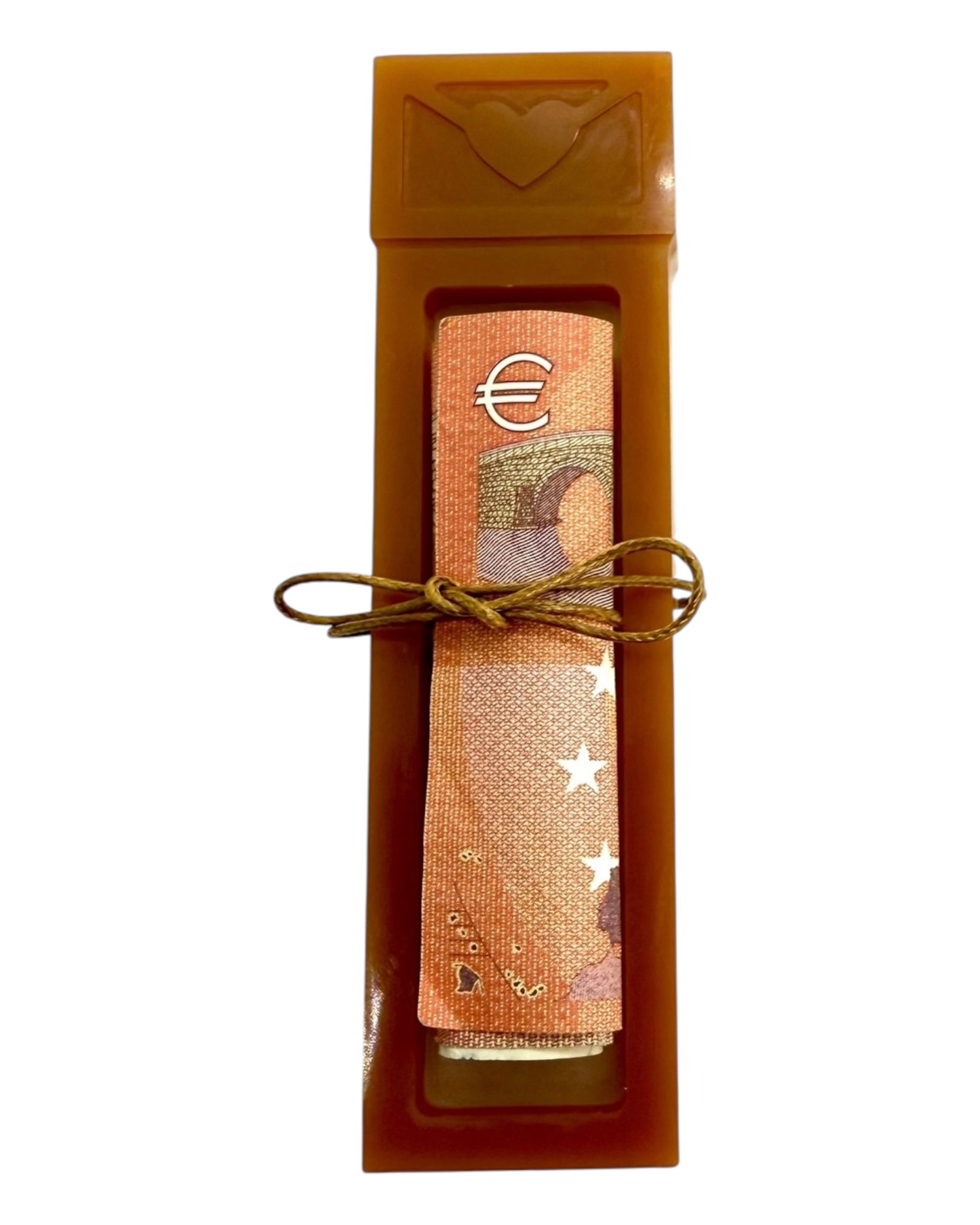 Pince à Flouze en résine époxy caramel, élégante et fun, pour transformer un simple billet en un cadeau unique et mémorable. Lolie'z