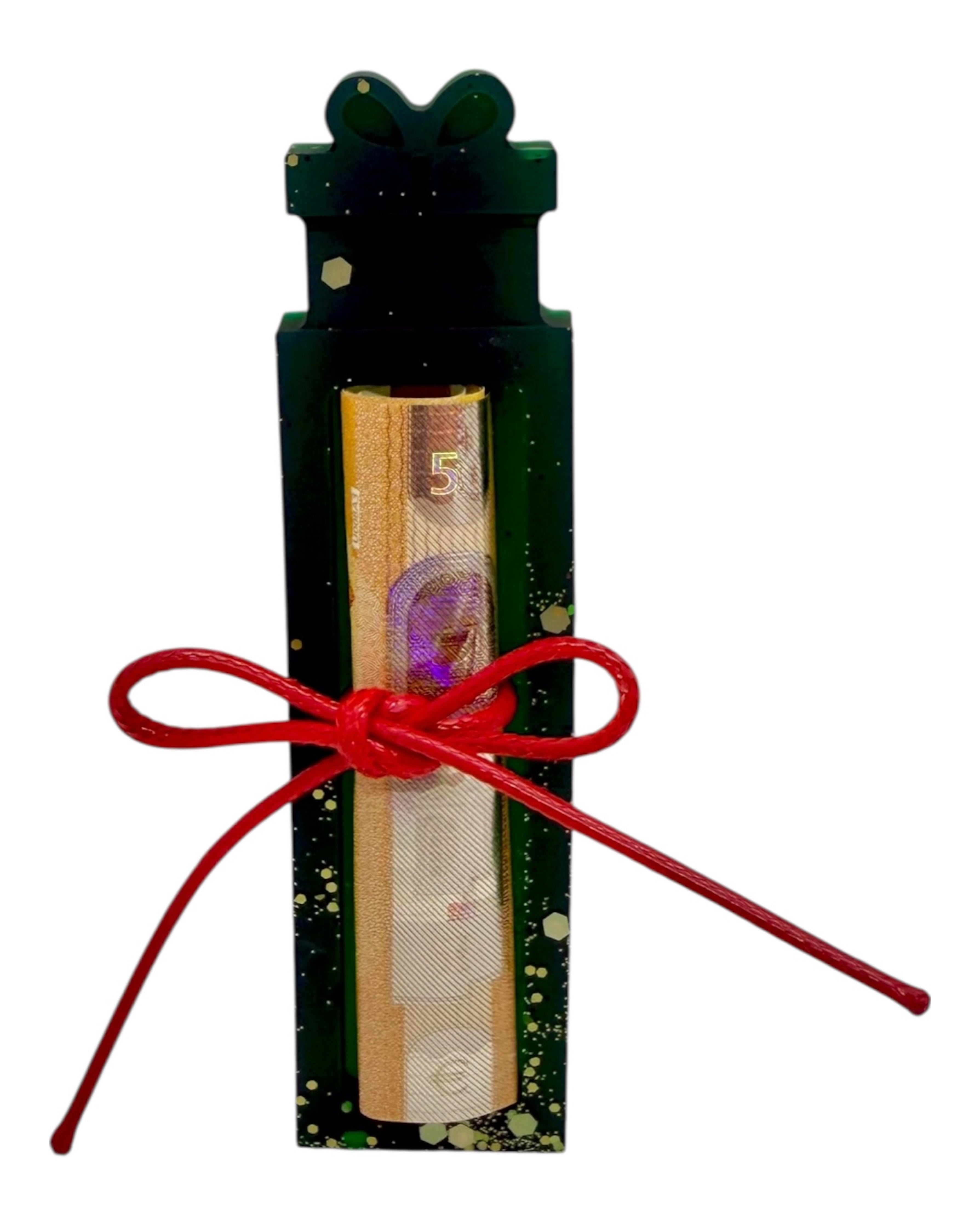 En version vert glitter, la Pince à Pèze by Lolie’z en résine époxy fait briller ton billet et le transforme en cadeau unique