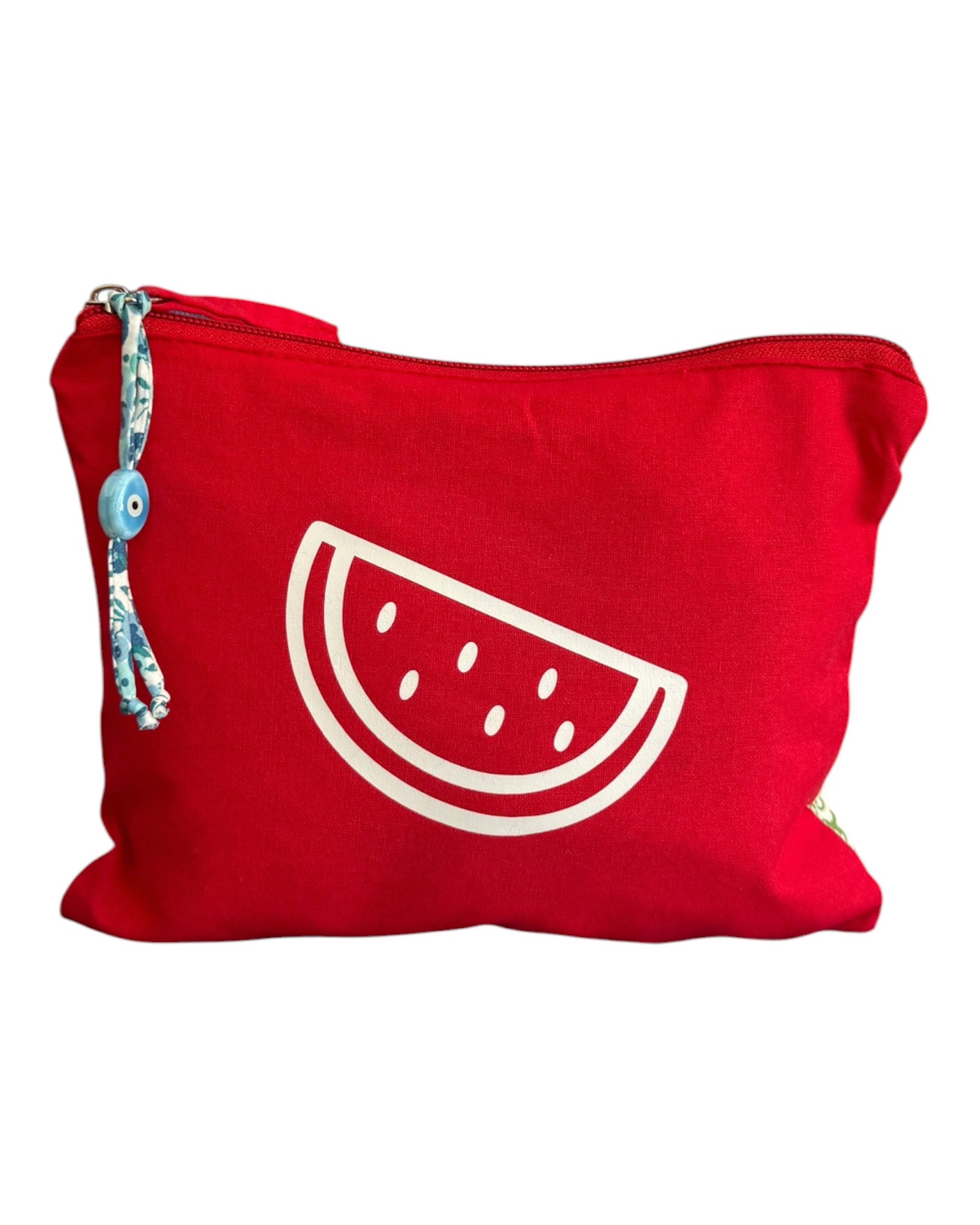 Pochette Salty Pastèque en coton organique avec motif tranches de pastèque colorées, accessoire estival rétro et coloré pour ranger les essentiels du quotidien.