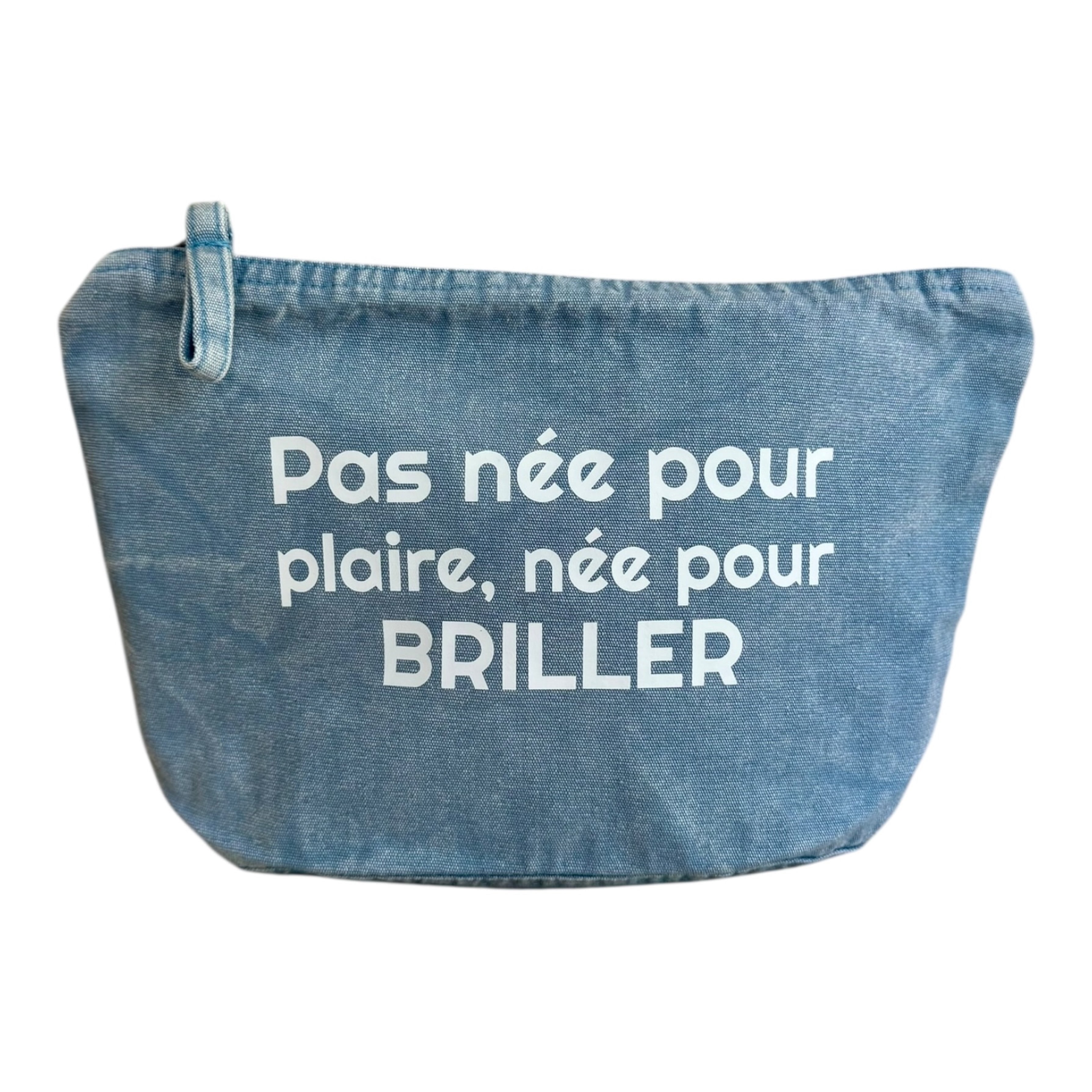 Pochette Poppy en denim avec inscription Pas née pour plaire née pour briller.