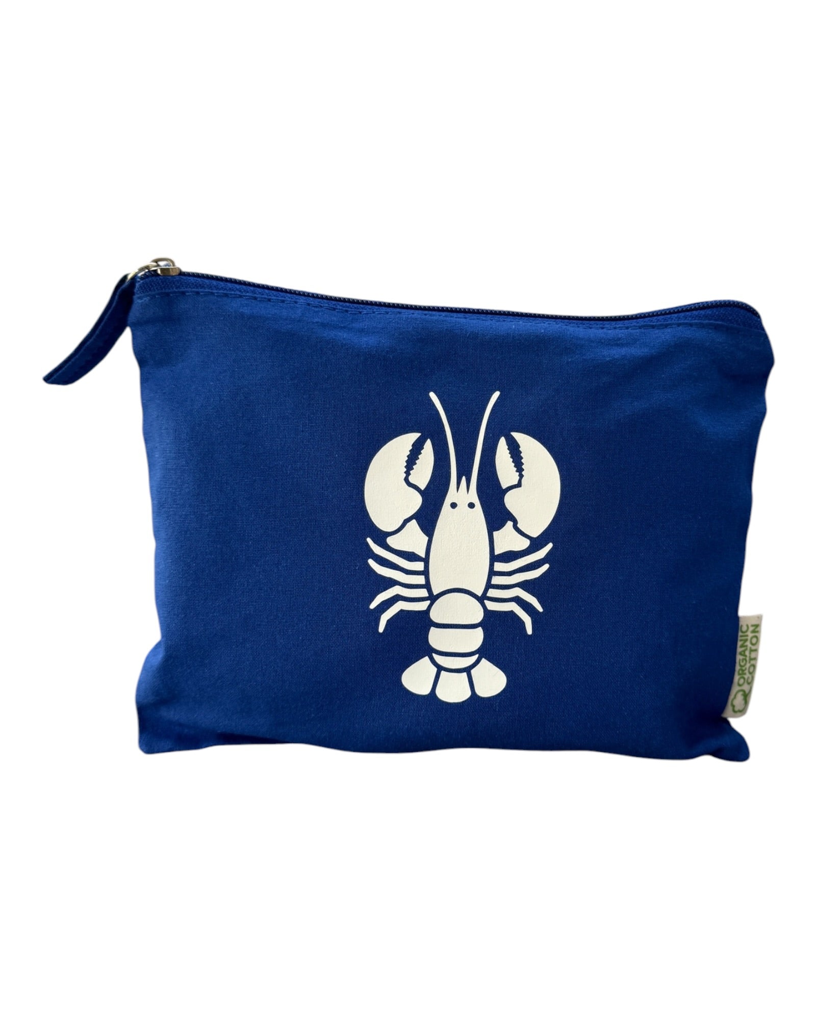 Pochette Salty Homard en coton organique avec illustration de homard bleu, accessoire estival inspiré du bord de mer et de l’univers méditerranéen.