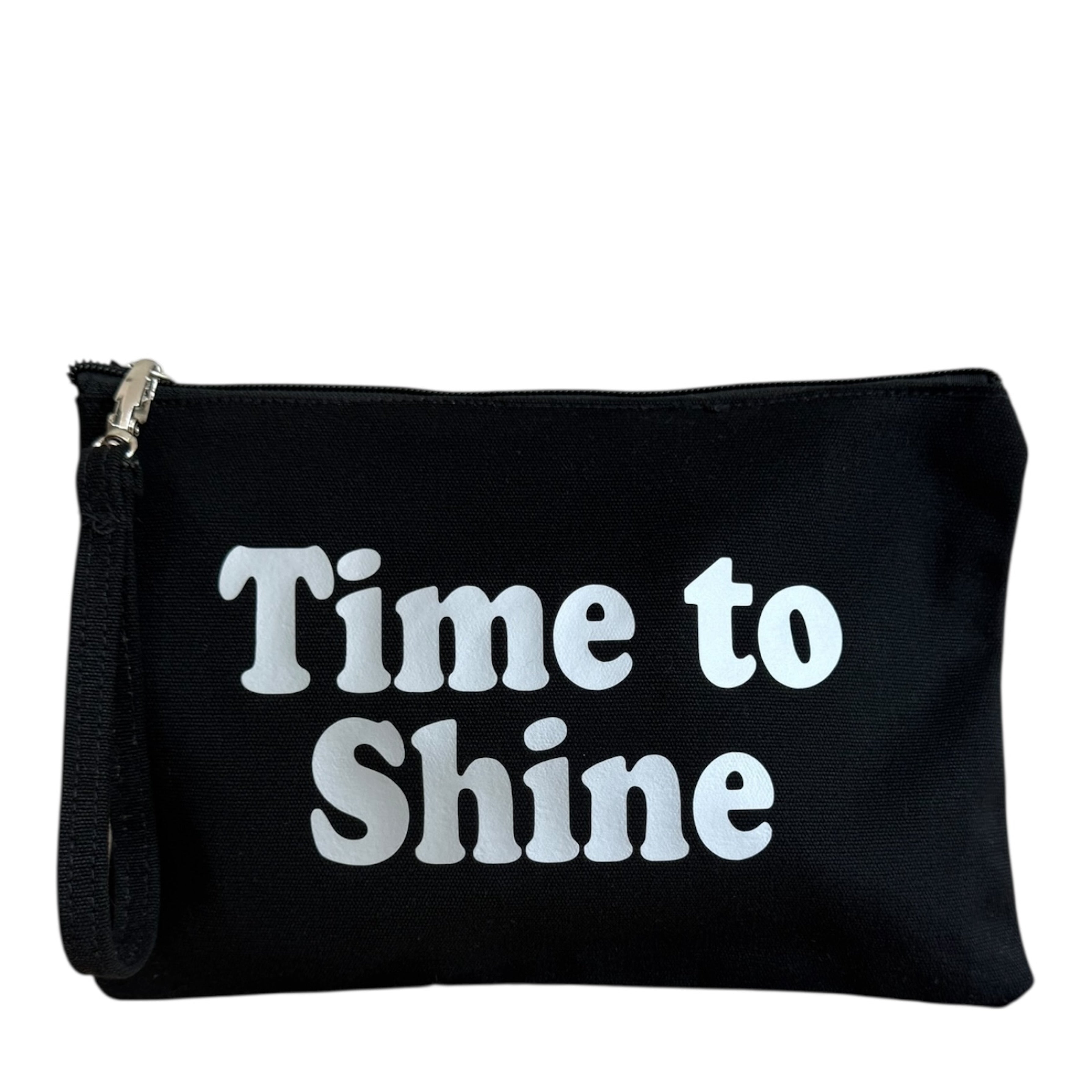 Pochette noire Sweety avec inscription Time to Shine et dragonne.