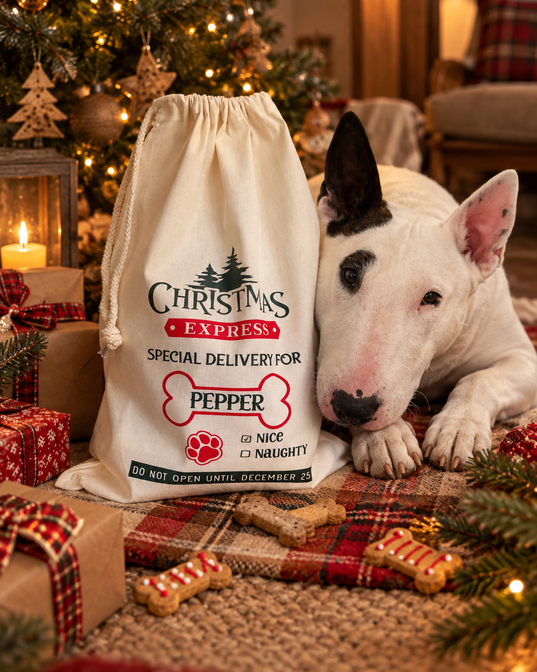 Pochon de Noël personnalisé pour chien Christmas Express avec prénom, présenté dans une ambiance de Noël avec bull terrier