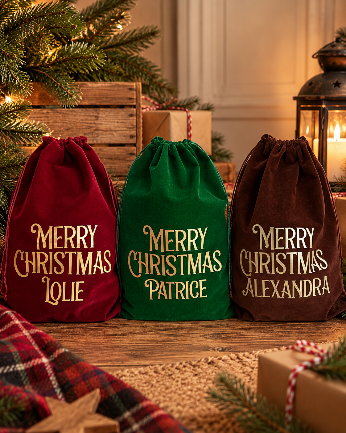 Trois pochons de Noël personnalisés en velours rouge, vert et marron avec prénom doré Merry Christmas