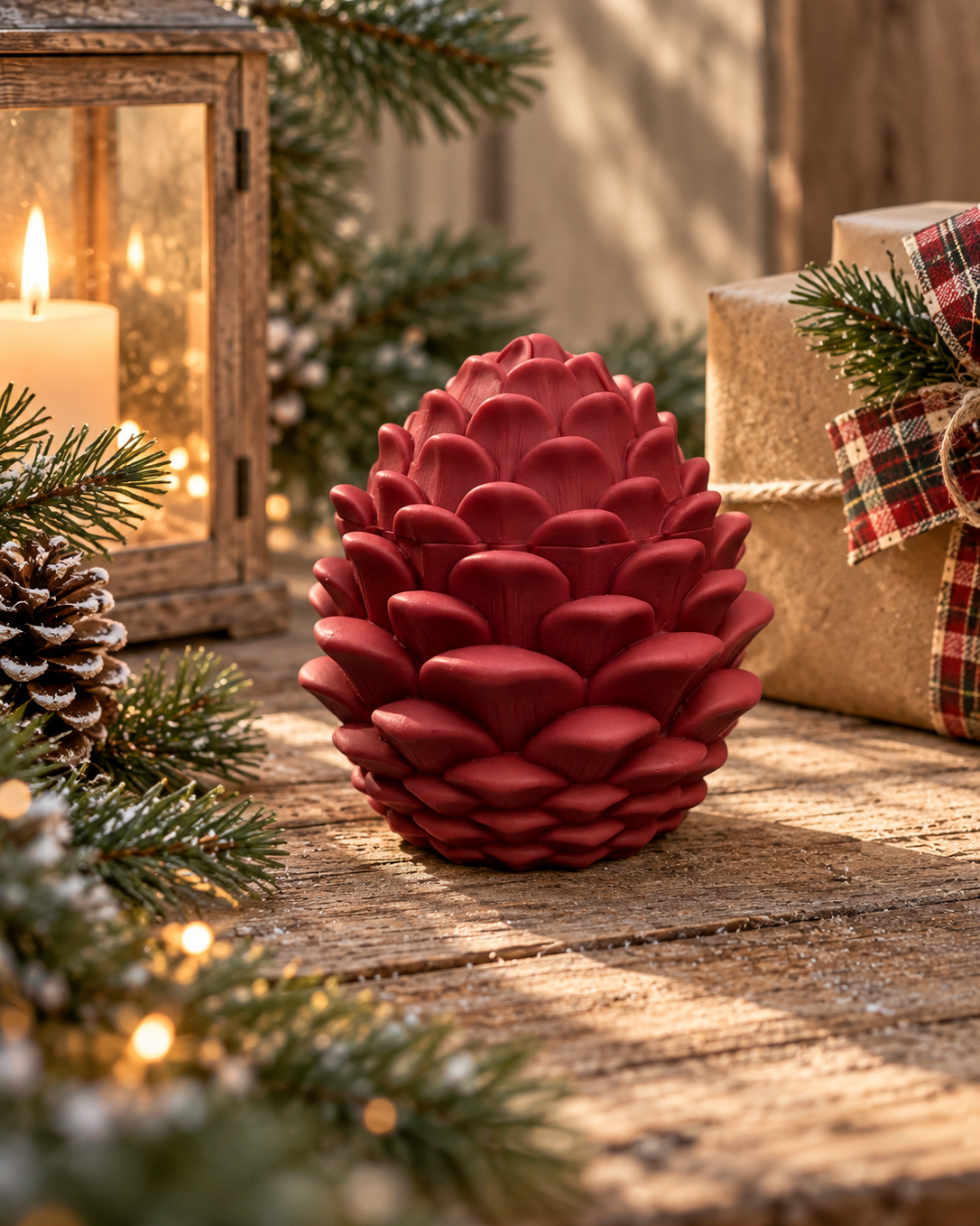 Pomme de pin rouge en résine artisanale mise en scène dans une décoration de Noël chaleureuse avec sapin et lanterne.