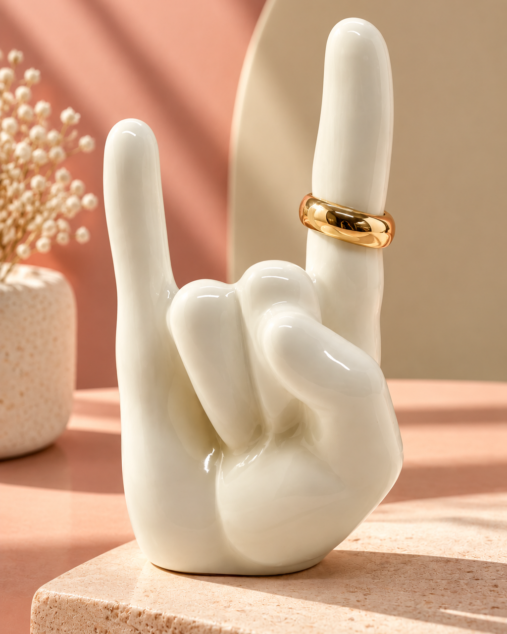 Porte-bagues en résine époxy blanc brillant représentant une main faisant le signe rock, ornée d’une bague dorée en forme de cœur, posé sur une surface en pierre beige devant un fond terracotta au design contemporain.