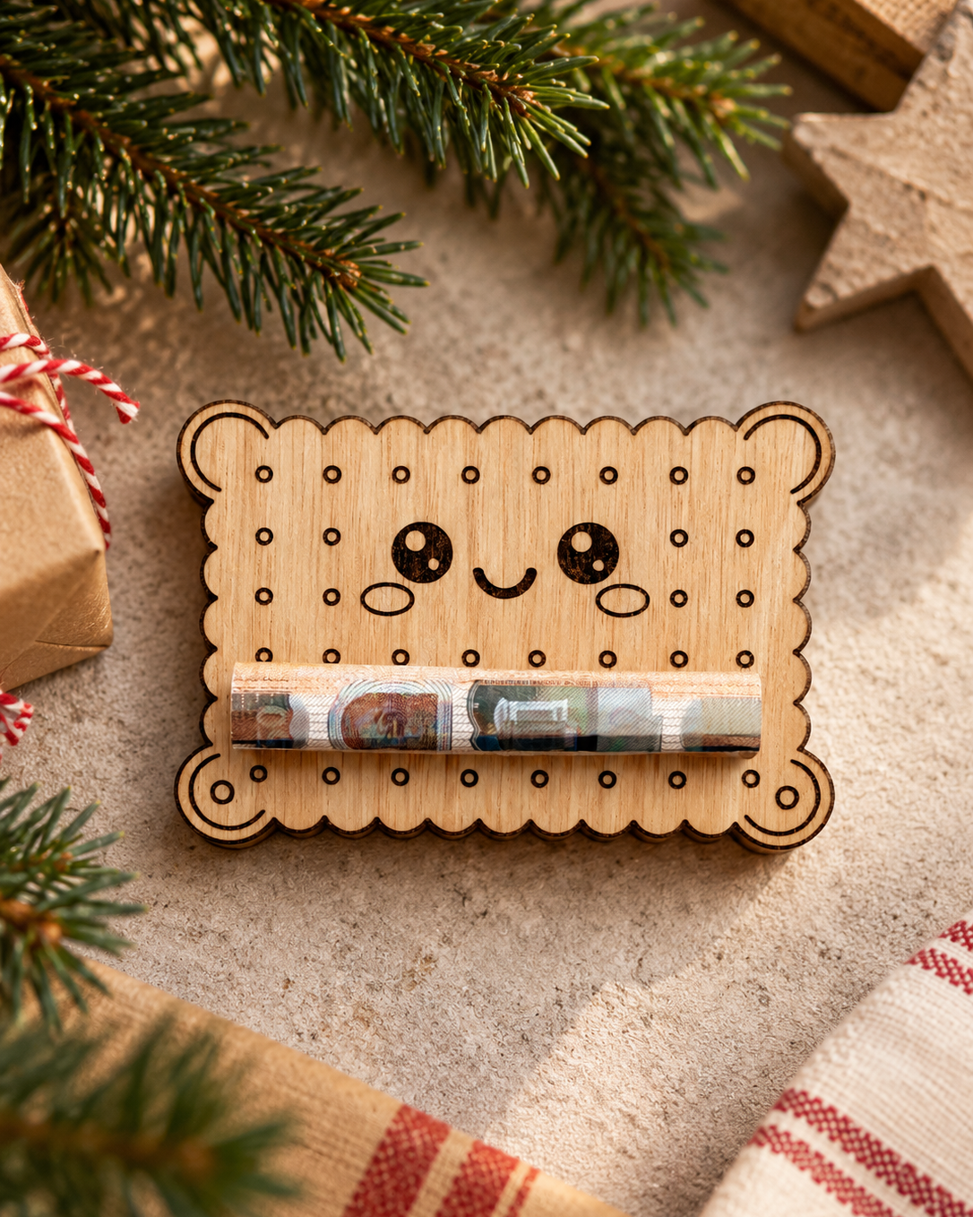 Porte-billet de Noël Cuties Little Butter en bois gravé, représentant un biscuit souriant avec un billet roulé.