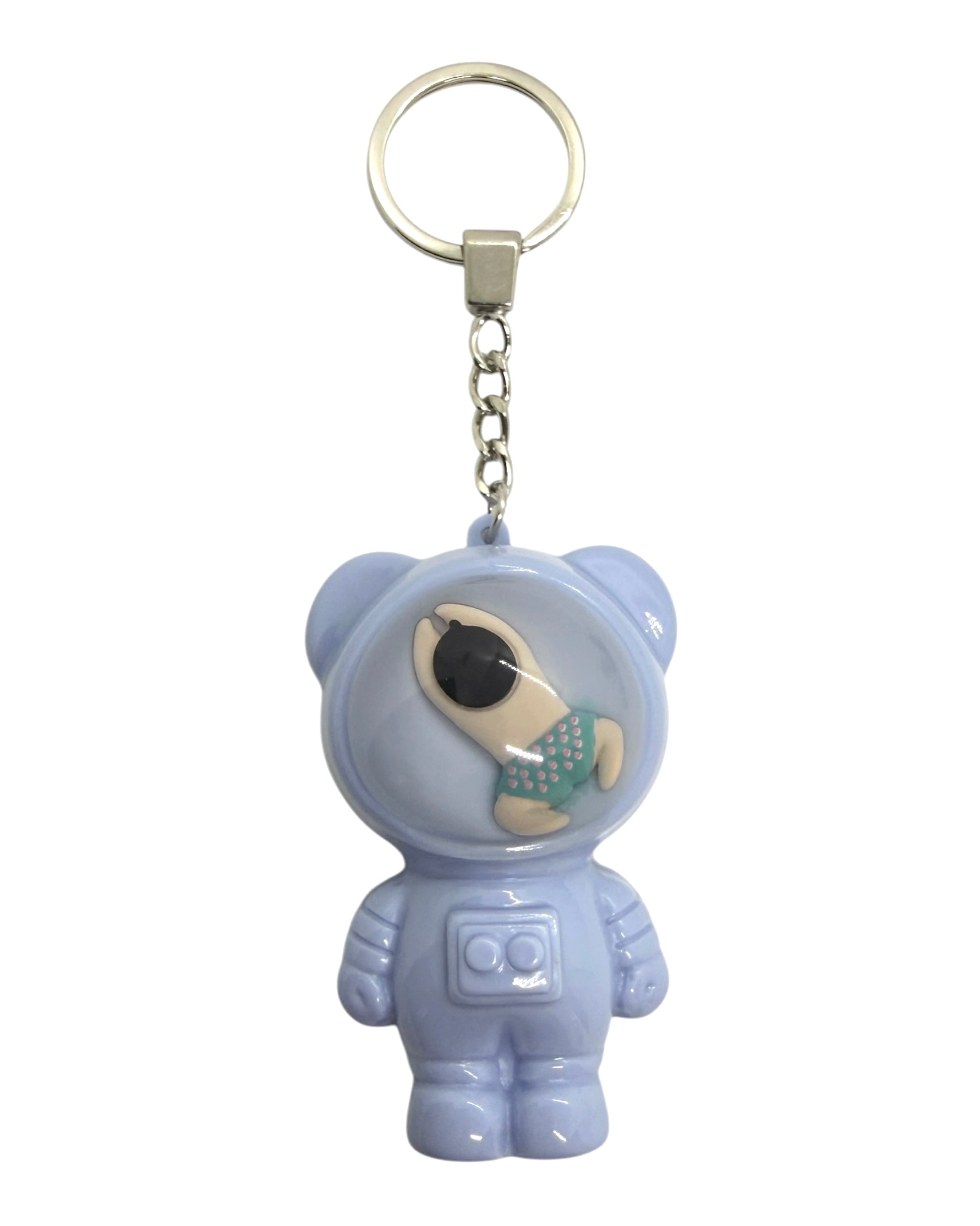 Porte-clés Izzy Lolie’z astro bear avec petit baigneur flottant, style doux et apaisant en résine époxy, fait main.