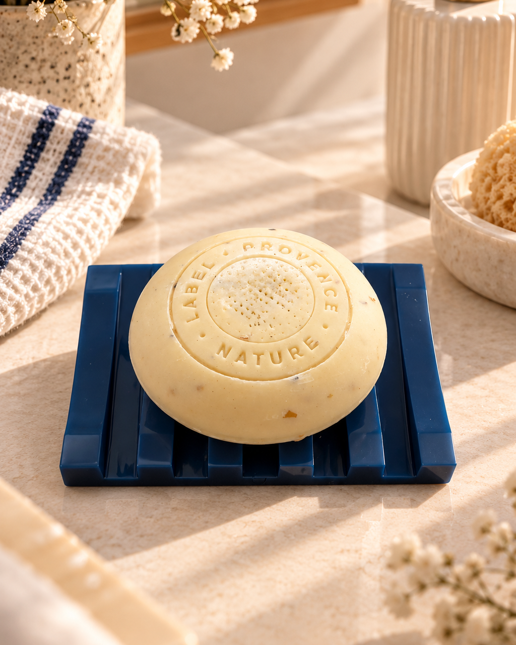 Porte-savon Pop Soap en résine époxy bleu marine brillant, aux rainures géométriques, accueillant un savon rond beige naturel gravé, dans une salle de bain élégante et lumineuse.