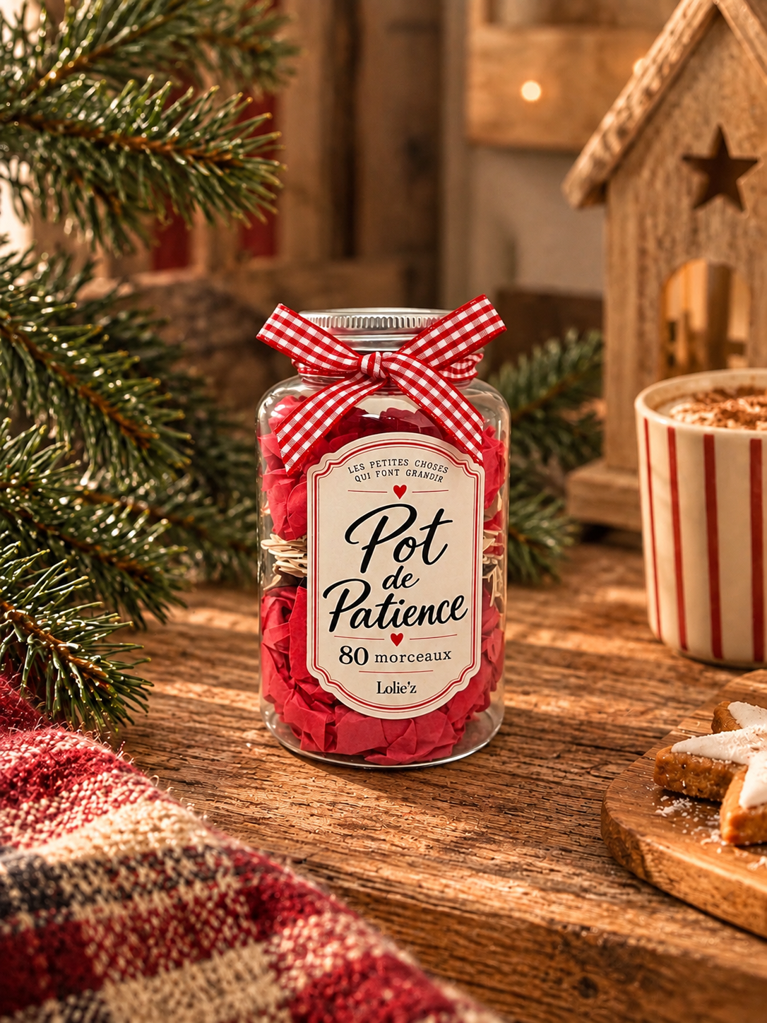 Pot de Patience contenant un puzzle de 80 pièces, décoré d'un ruban vichy rouge et présenté dans une ambiance de Noël.