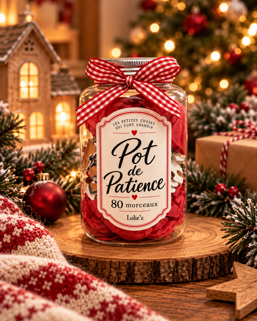 Pot de Patience Lolie’z contenant un puzzle de Noël de 80 pièces pour enfant dès 5 ans