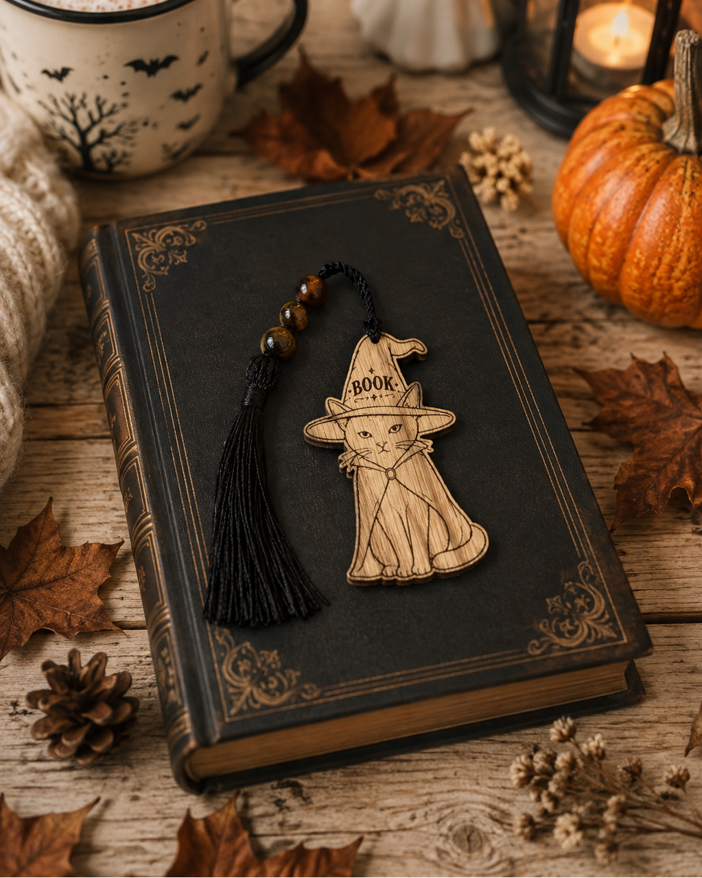 PROFESSOR CAT, marque-page en bois représentant un chat sorcier avec chapeau BOOK, perles et pompon noir, pour les amateurs de lecture fantasy.