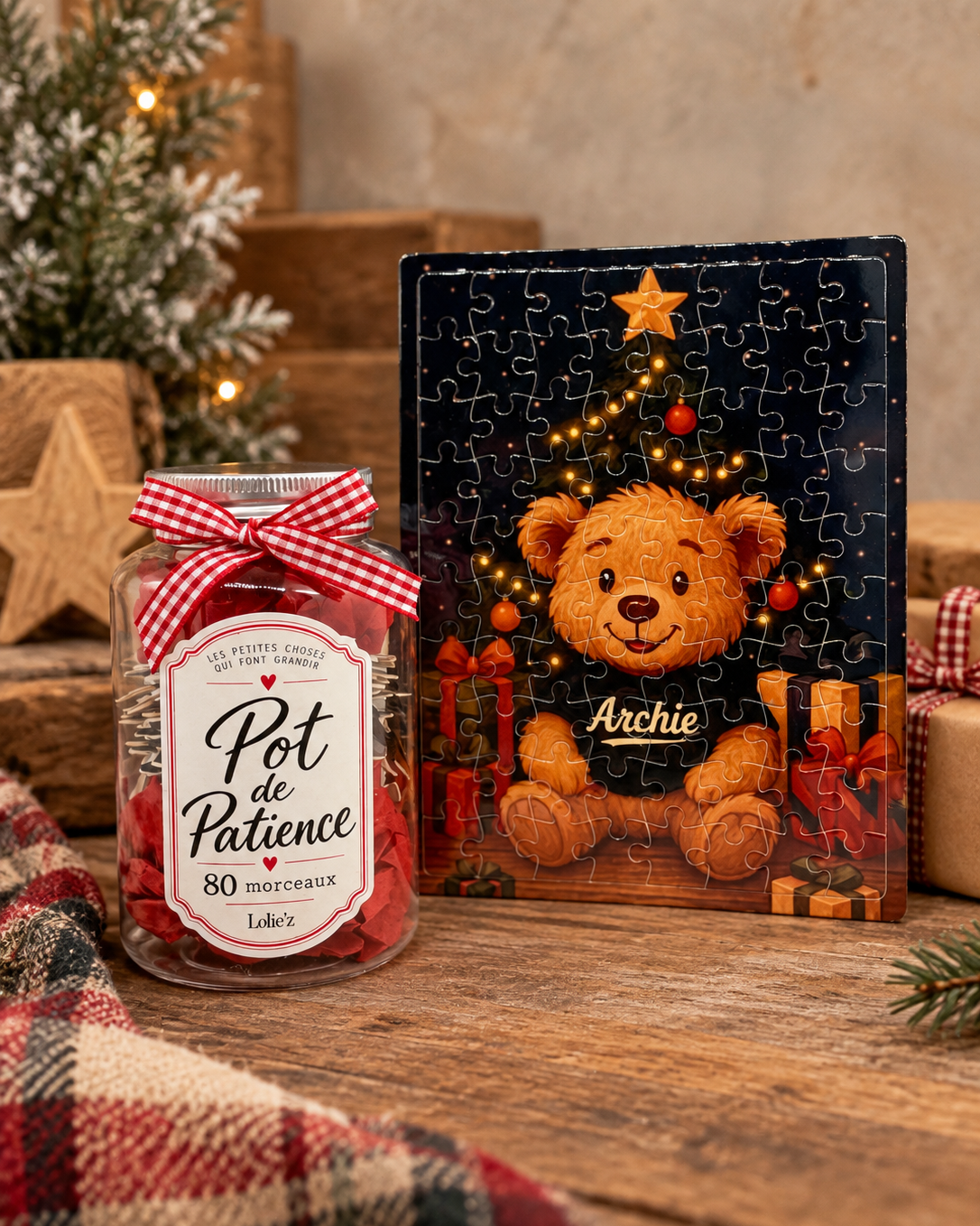 Puzzle Archie de 80 pièces et Pot de Patience dans une ambiance de Noël au pied du sapin