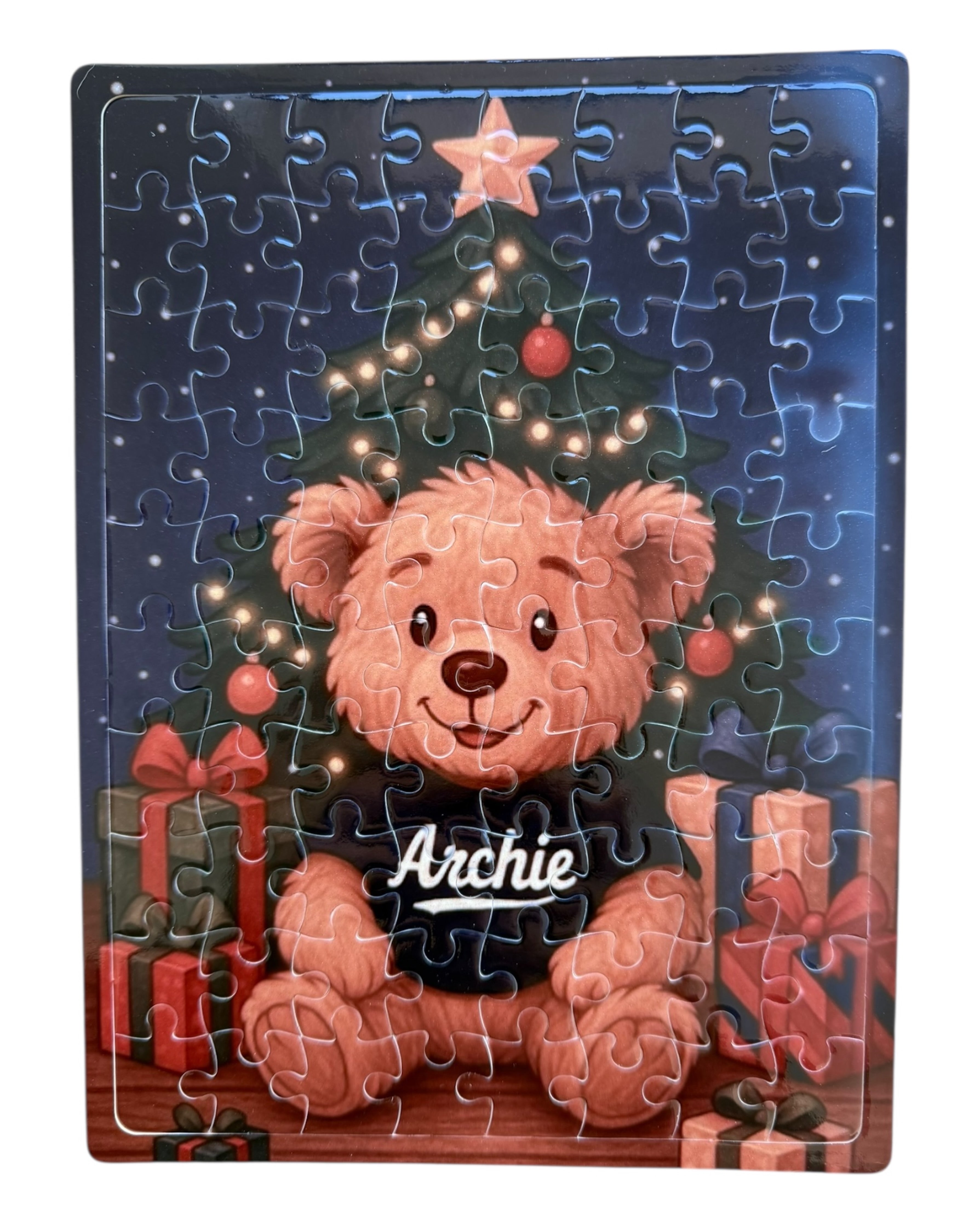 Puzzle Noël enfant Archie entouré de cadeaux avec effet pailleté. Loliez