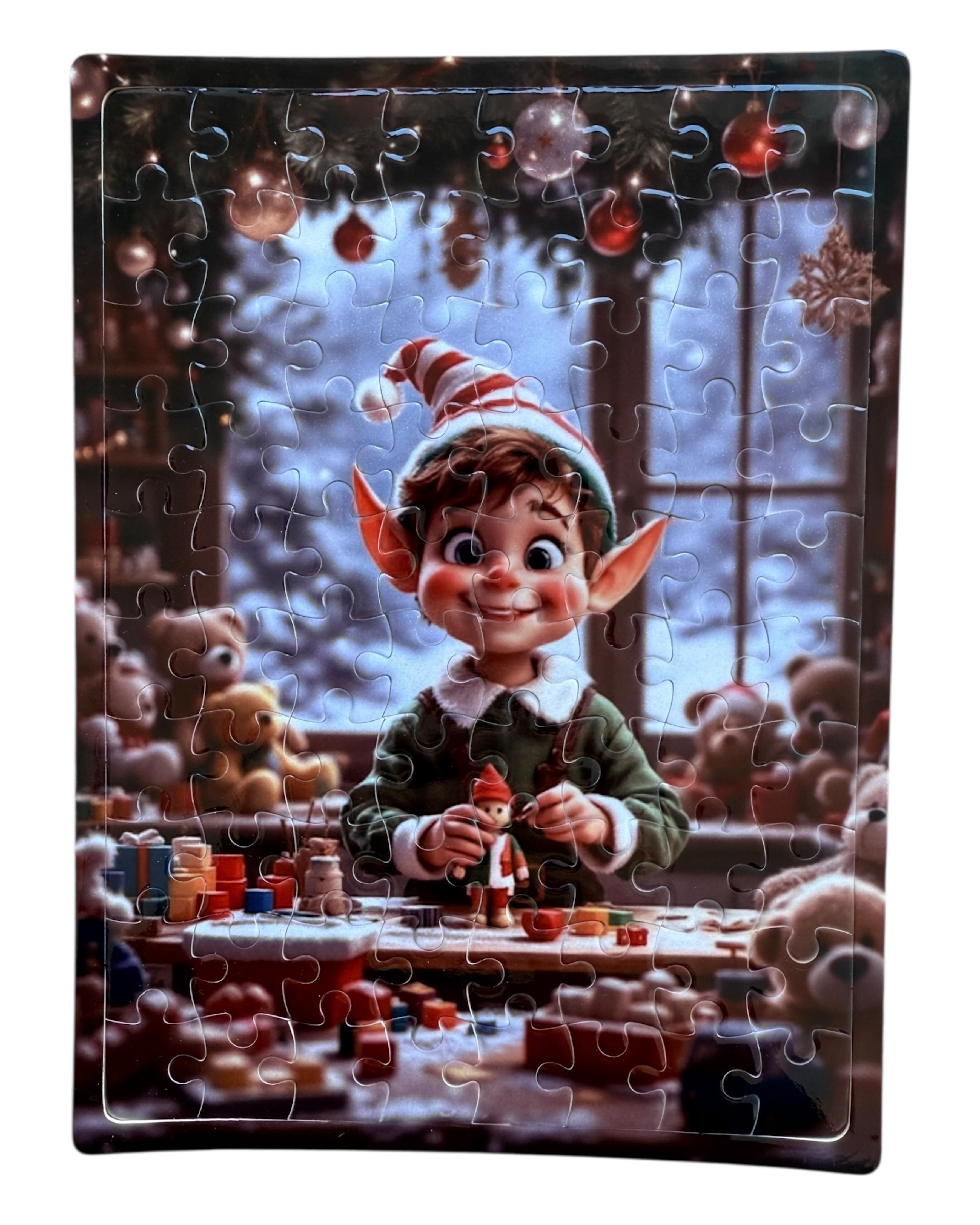 Puzzle Gribouille, le lutin farceur du Père Noël dans son atelier, puzzle enfant 80 pièces effet pailleté. Lolie'z
