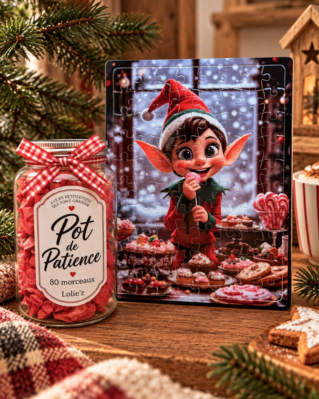 Puzzle de Noël Bibicroc de 80 pièces accompagné de son Pot de Patience, présenté dans un décor de Noël chaleureux.