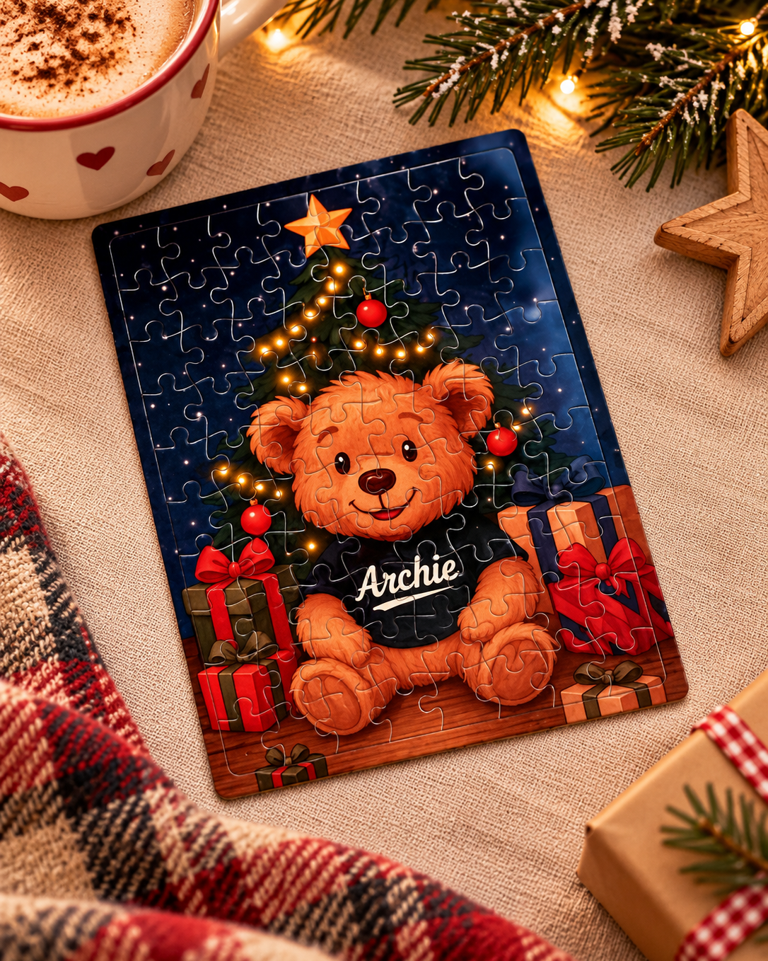 Puzzle de Noël enfant Archie Christmas Tree 80 pièces devant le sapin et les cadeaux
