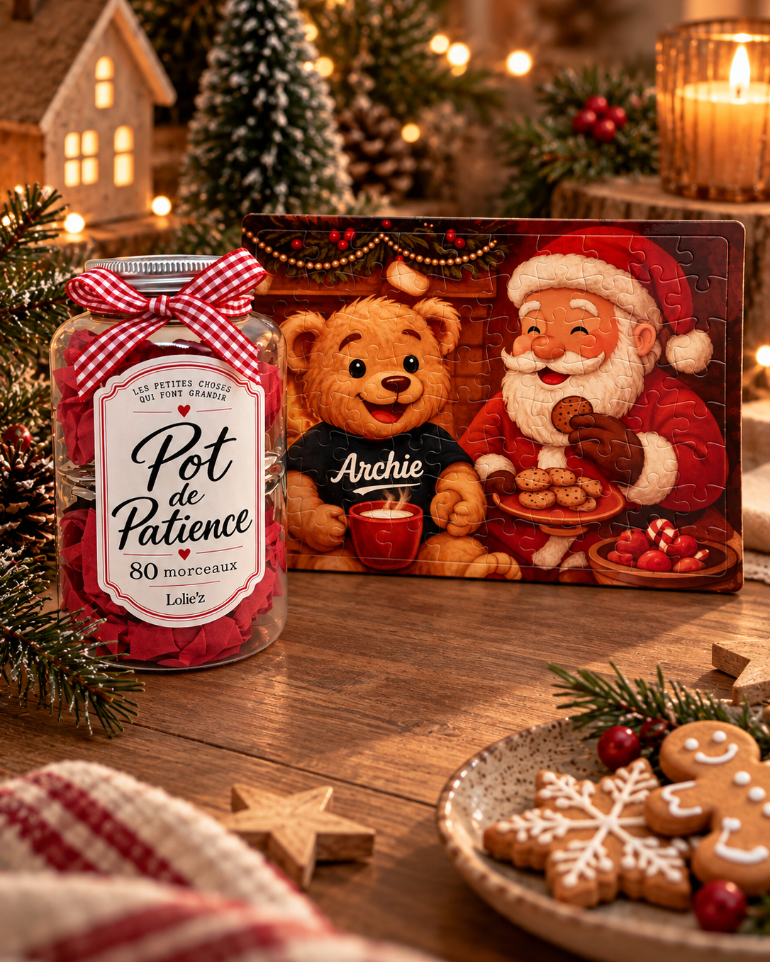 Puzzle de Noël enfant Archie & Santa 80 pièces avec Père Noël, cookies et chocolat chaud