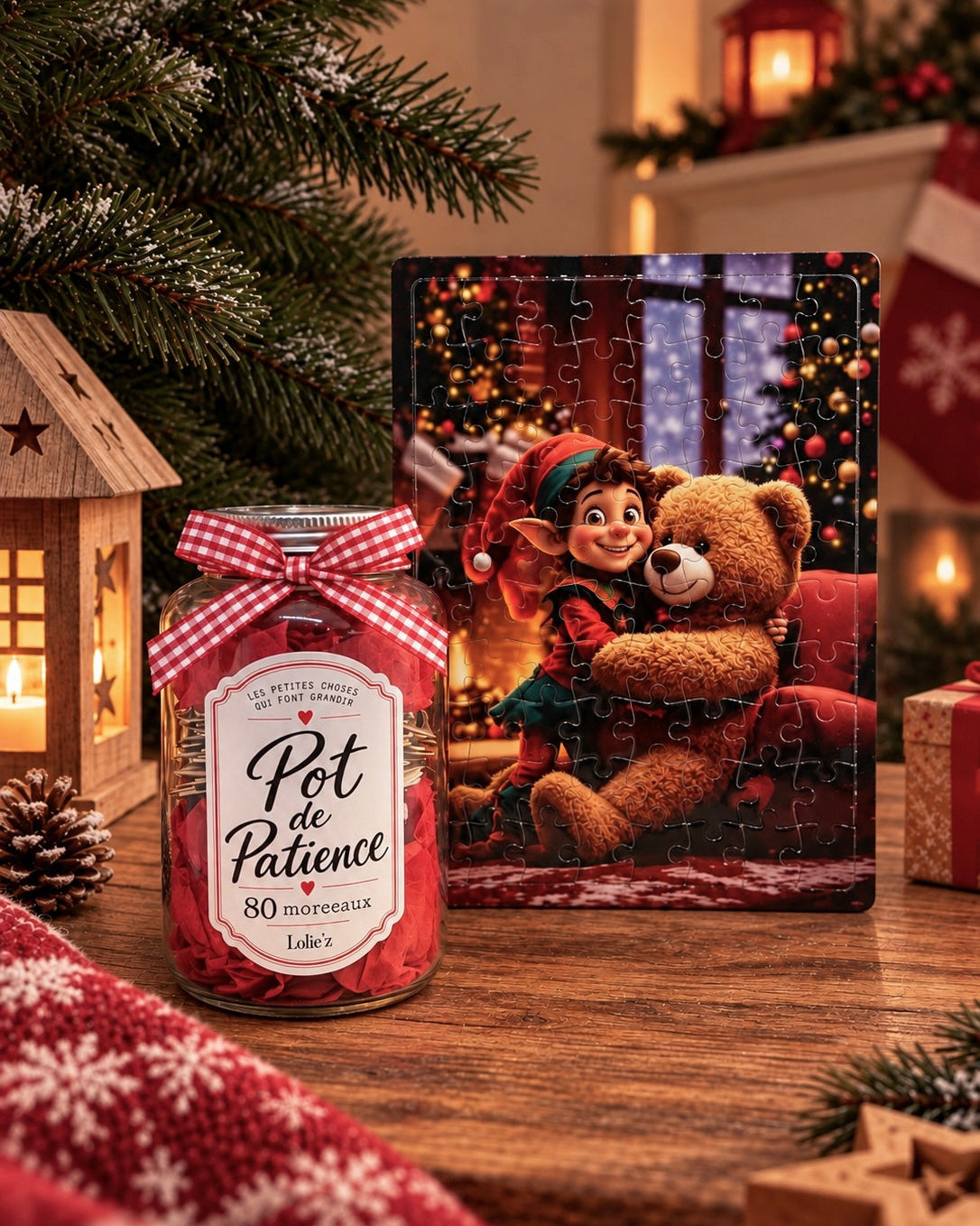 Puzzle de Noël enfant Cookie & Teddy 80 pièces avec lutin farceur et Pot de Patience