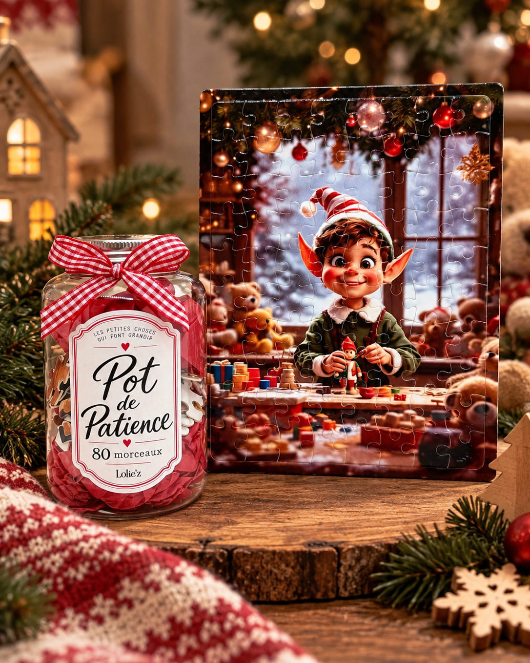 Puzzle de Noël enfant Gribouille 80 pièces avec lutin farceur dans l’atelier du Père Noël et Pot de Patience