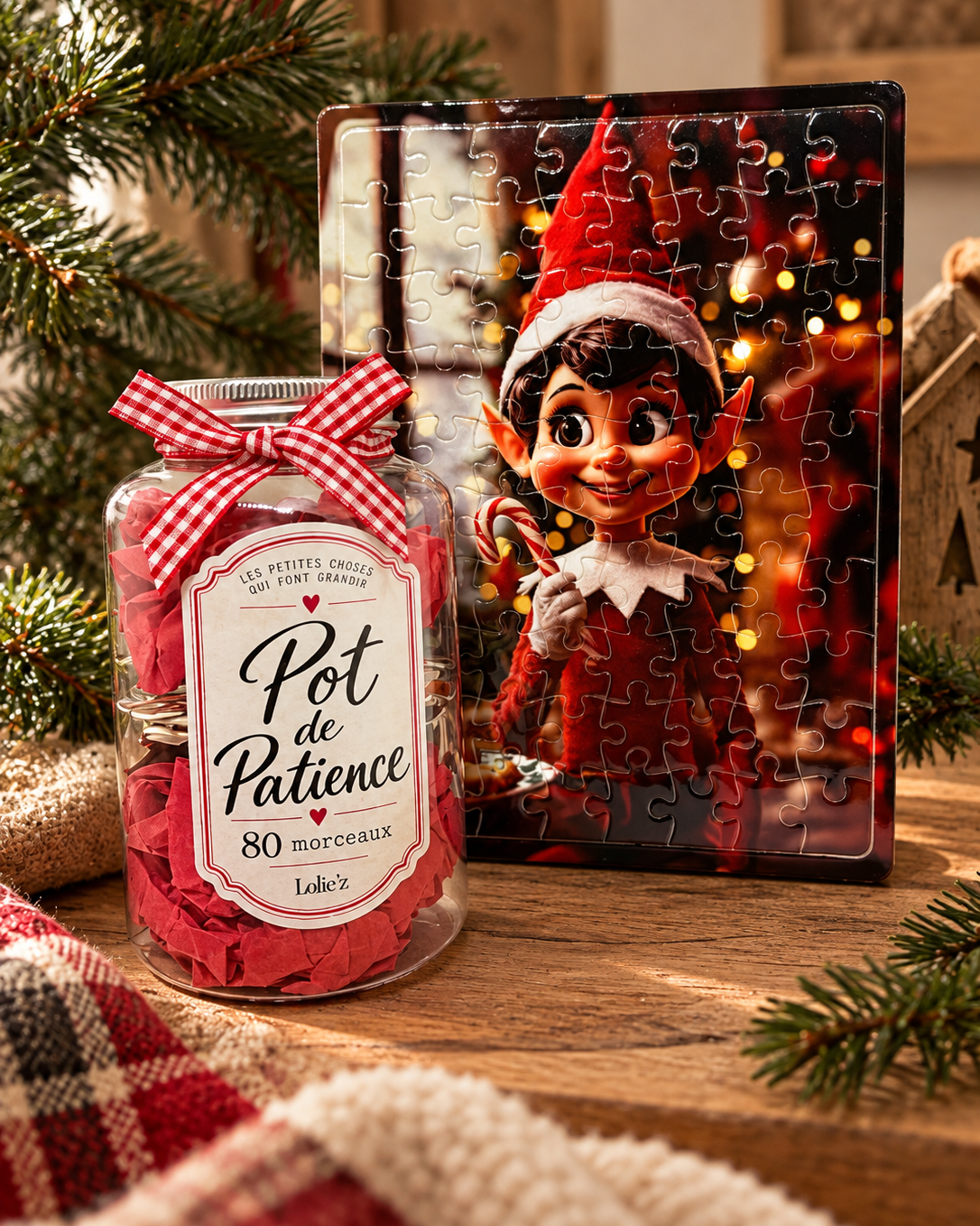 Puzzle de Noël Croquetout de 80 pièces présenté avec son Pot de Patience, dans une ambiance chaleureuse au pied du sapin.
