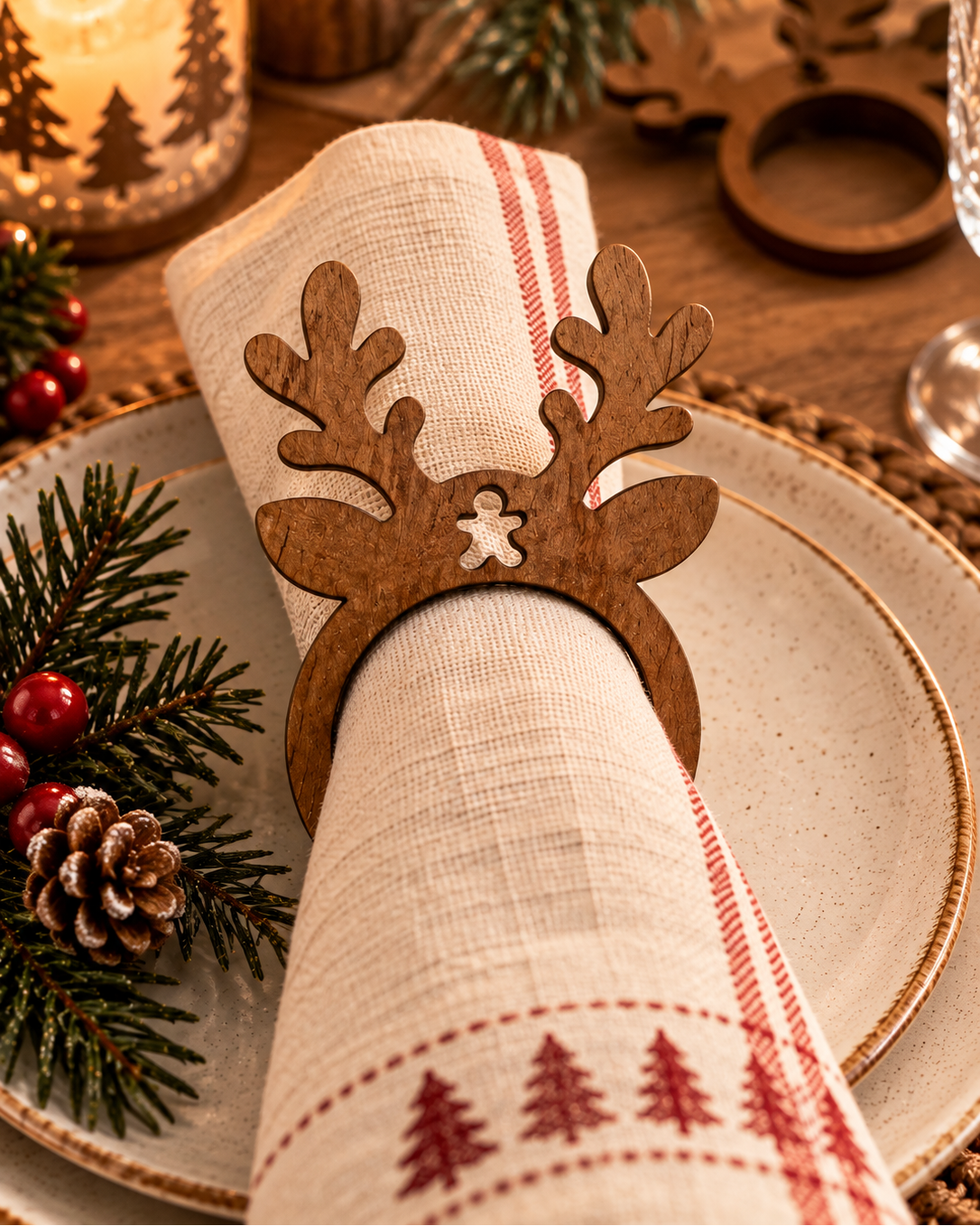 Rond de serviette renne en bois découpé au laser avec motif bonhomme pain d’épices, présenté sur une serviette de table de Noël.