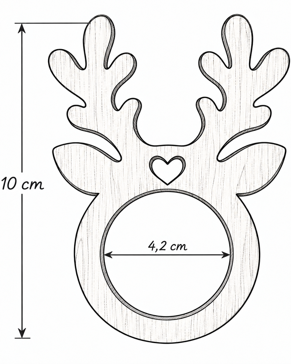 Illustration des dimensions du rond de serviette renne en bois Lolie’z, hauteur 10 cm et ouverture intérieure de 4,2 cm.