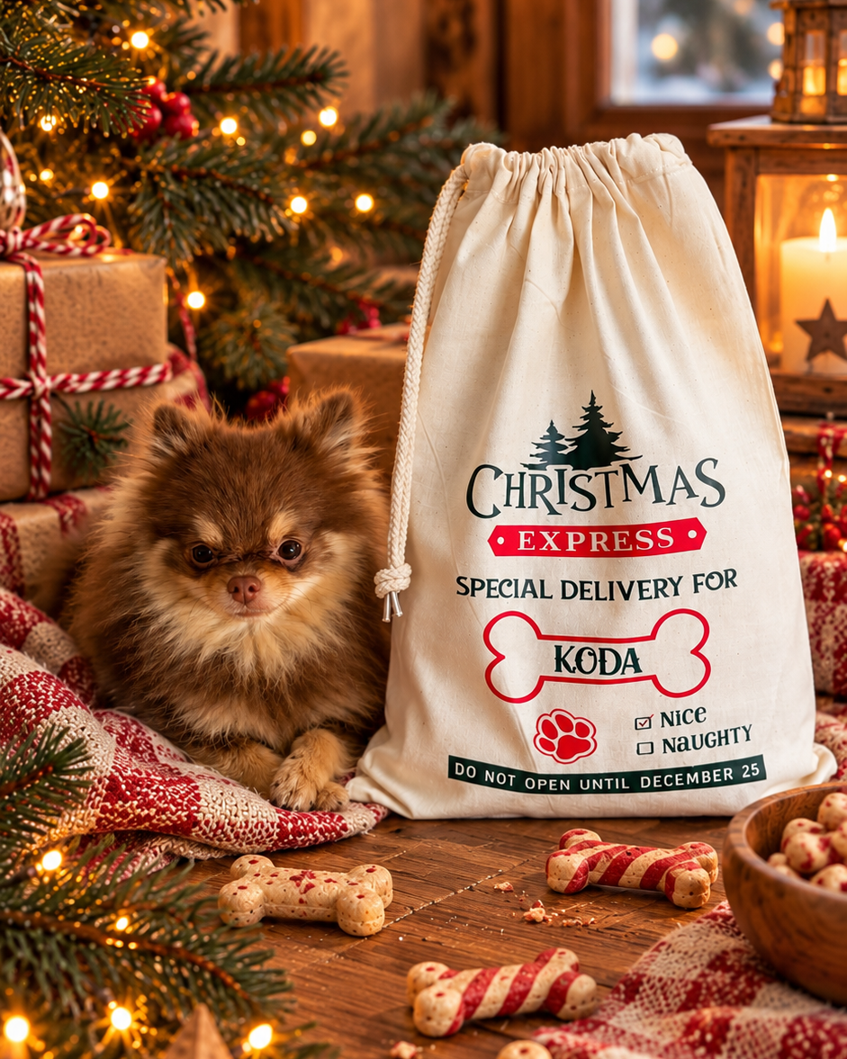 Sac de Noël pour chien personnalisé avec le prénom koda, motif Christmas Express imprimé sur pochon en coton.