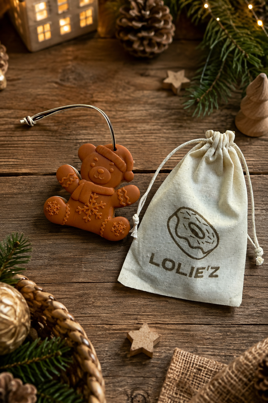 Suspension Snowy Bear en résine époxy présentée avec son pochon Lolie’z dans une décoration de Noël naturelle.
