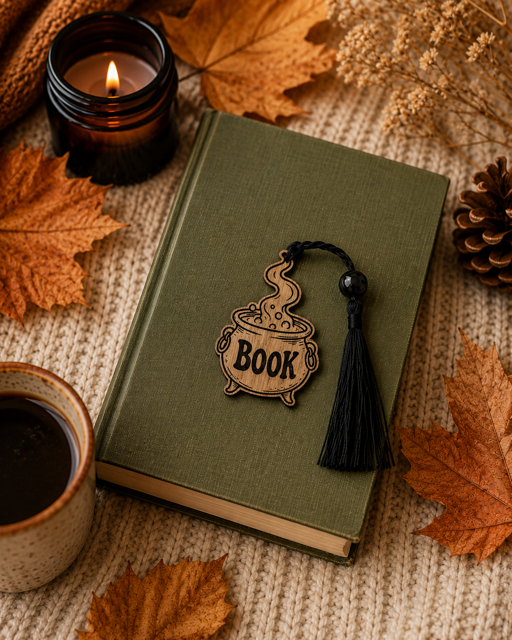 SPELL POT, marque-page chaudron en bois gravé avec potion bouillonnante, inscription BOOK et pompon noir, posé sur un livre dans une ambiance automnale.
