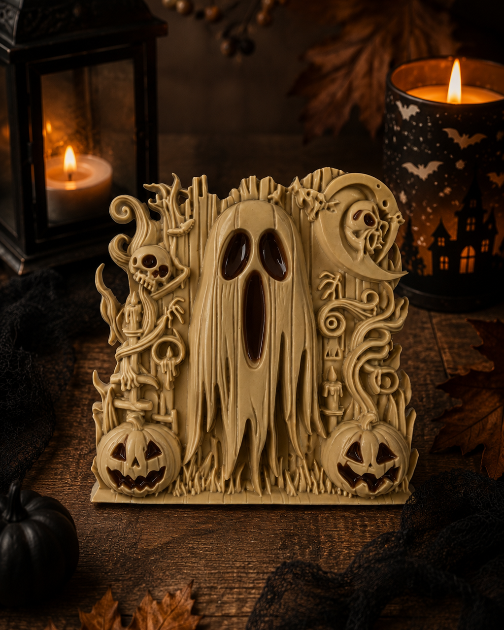 Spooky Night, cadre décoratif Halloween en résine époxy avec fantôme, citrouilles, crânes et lune, fait main par Lolie’z.