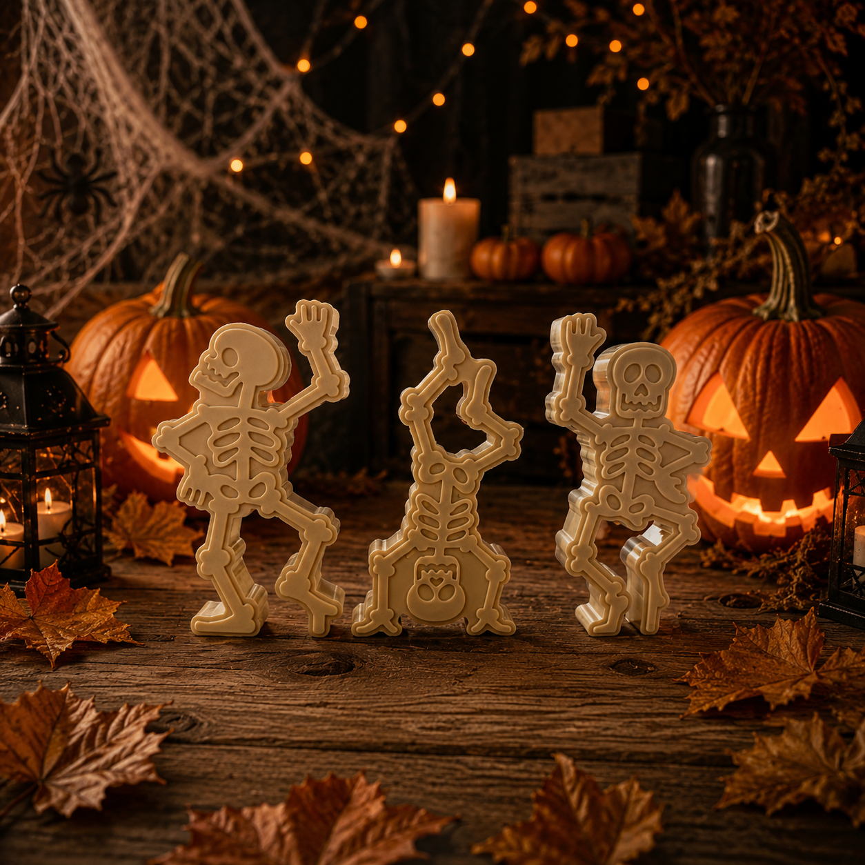 Trio de squelettes décoratifs en résine Lolie’z, présenté dans un décor d’Halloween avec citrouilles illuminées et ambiance automnale.