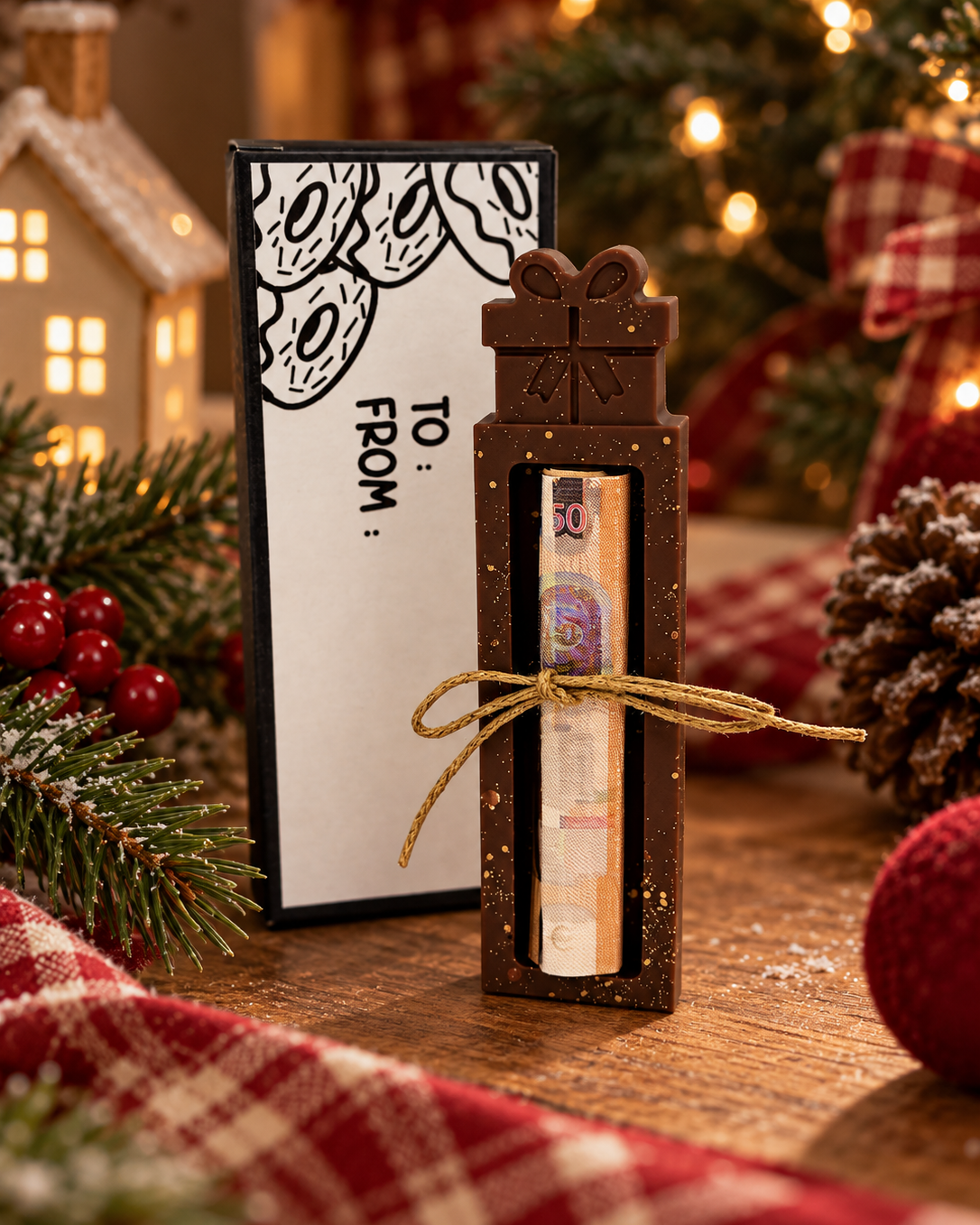 Support à billet de Noël en résine chocolat à paillettes dorées, en forme de cadeau avec nœud en corde naturelle, présenté devant sa boîte dans un décor de Noël chaleureux.