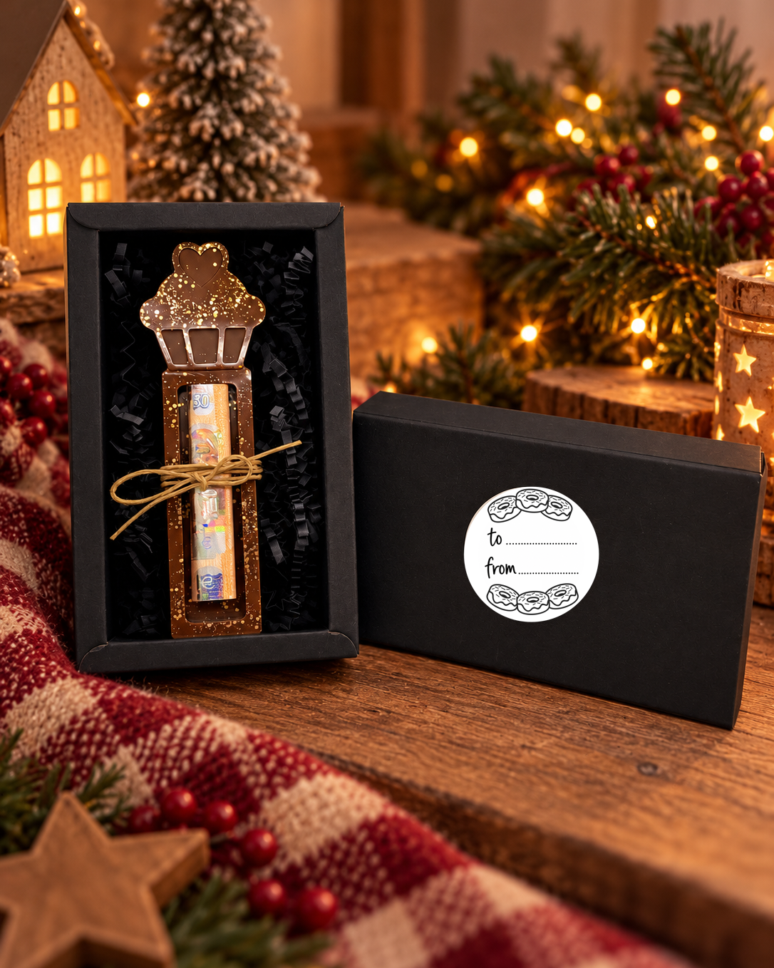 Support à billet de Noël Little Cupcake en forme de gâteau chocolat aux paillettes dorées, présenté dans son coffret noir au milieu d'une décoration de Noël chaleureuse avec sapin et guirlandes lumineuses.