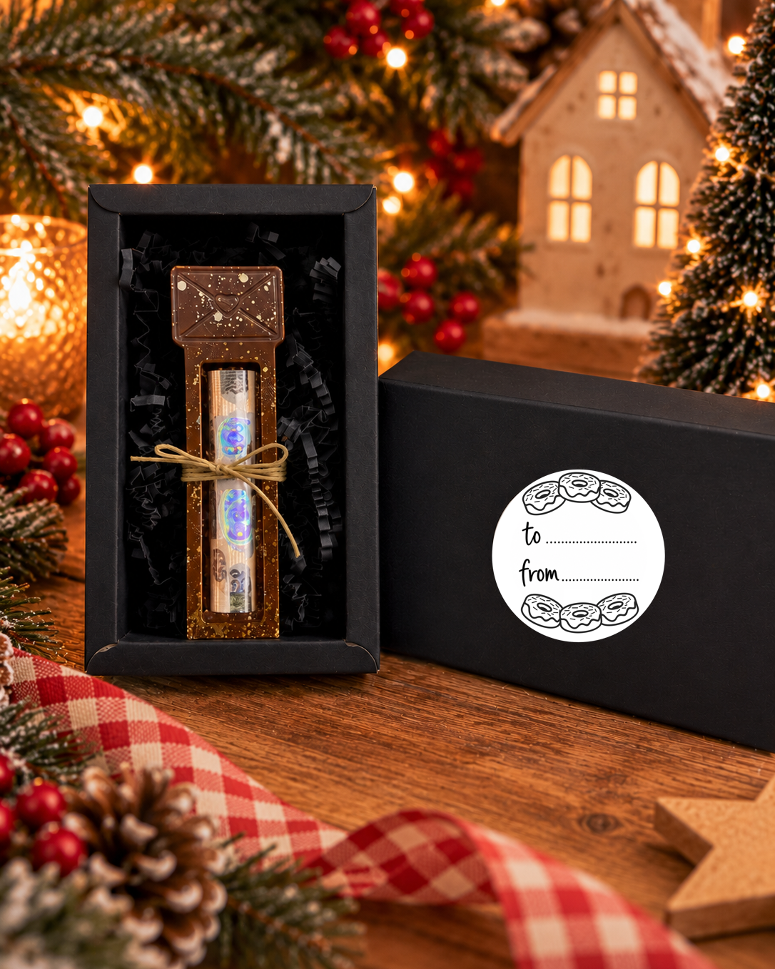 Support à billet Love Letter en résine chocolat pailletée avec enveloppe et cœur, présenté dans son coffret noir au milieu d'une décoration chaleureuse de Noël.