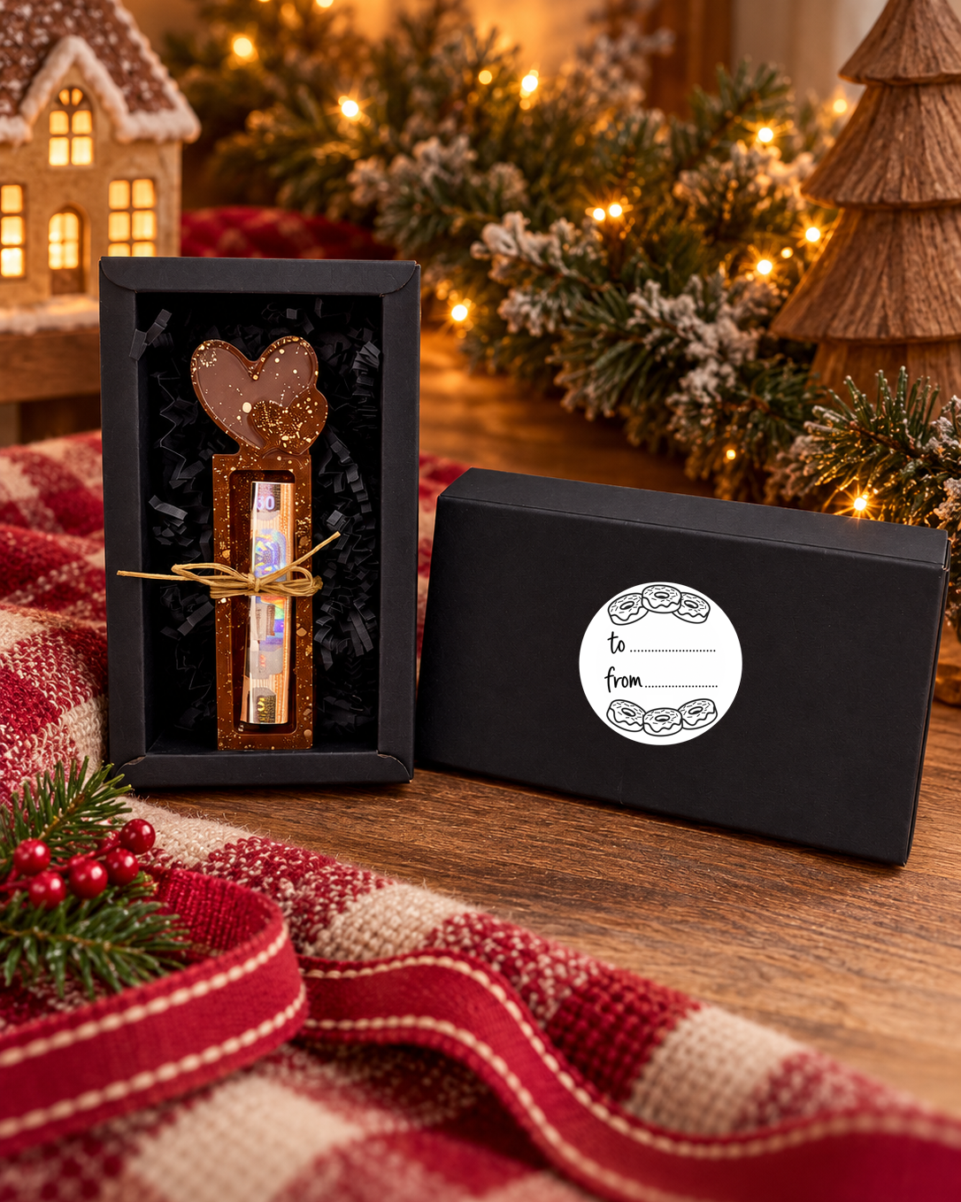 Support à billet Sweet Heart en résine chocolat avec deux cœurs et paillettes dorées, présenté dans un coffret noir au milieu d'une décoration chaleureuse de Noël.