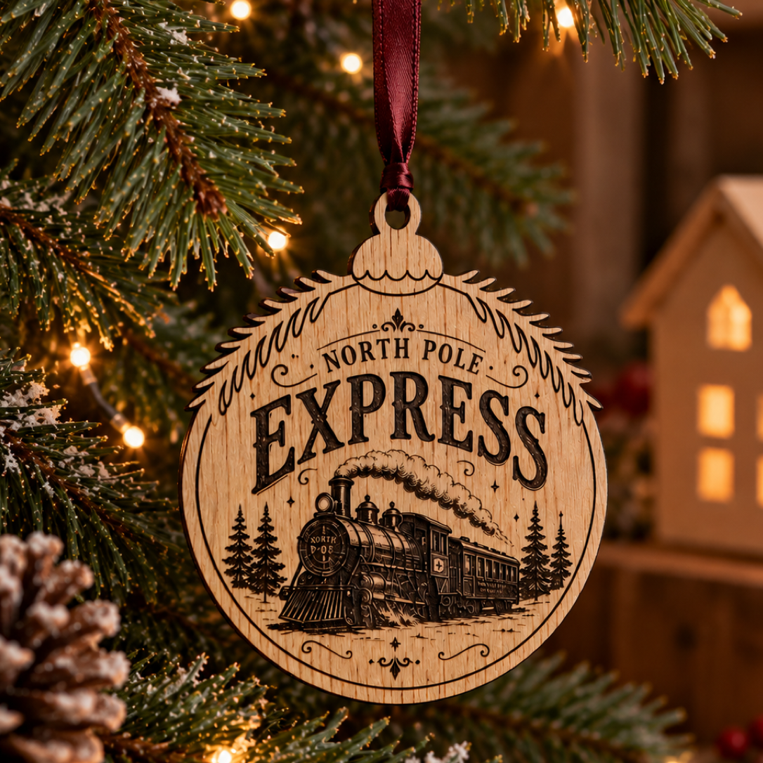 Suspension de Noël ronde en bois gravé représentant le train North Pole Express, accrochée à un sapin illuminé dans une ambiance chaleureuse et rétro.