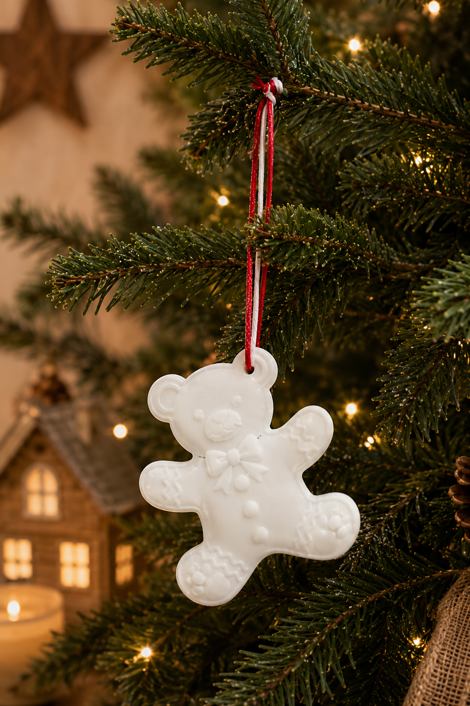 Suspension ourson blanc façon pain d’épice en résine époxy avec cordon rouge et blanc, décoration de Noël faite main par Lolie’z.