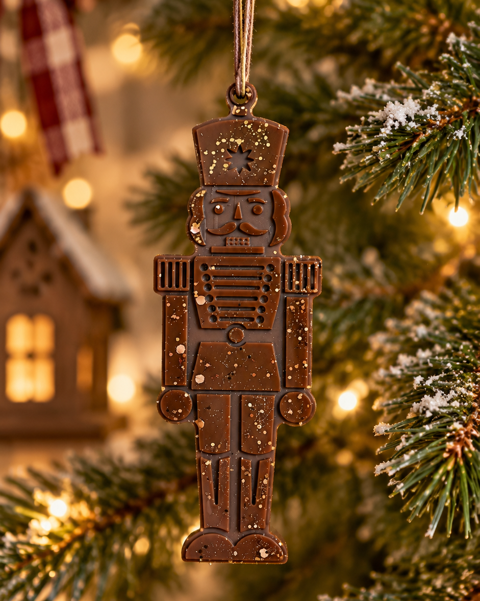 Reginald, casse-noisette décoratif en résine époxy suspendu à une branche de sapin enneigée, entouré de lumières chaleureuses dans une ambiance de Noël traditionnelle.