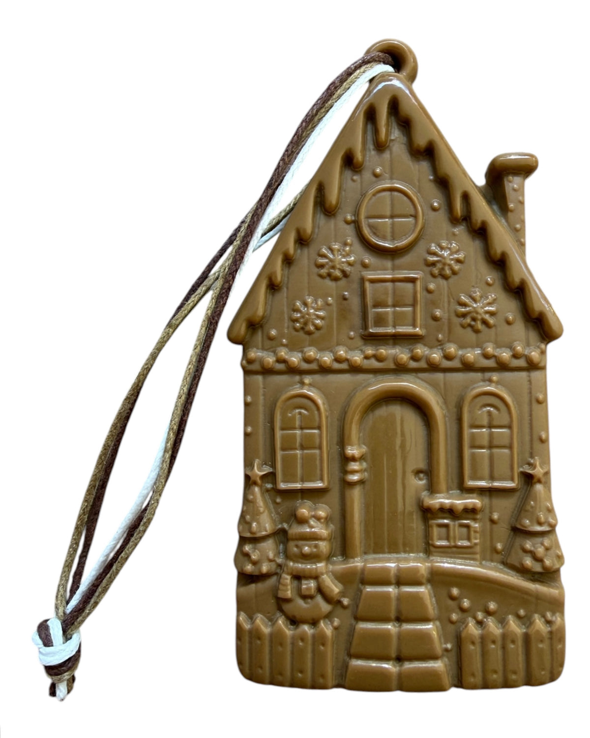 Suspension de Noël Tiny Home Pain d'Épices en résine époxy fabriquée à la main. Petite maison marron inspirée des maisons en pain d'épices, idéale pour décorer un sapin ou offrir à Noël.
