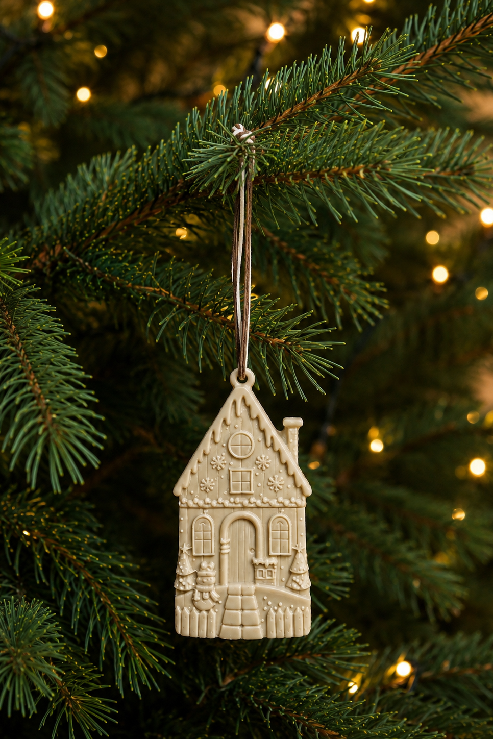 Mise en scène de la suspension de Noël Tiny Home en résine époxy fabriquée à la main, présentée dans une ambiance chaleureuse avec des décorations de Noël naturelles et un sapin.