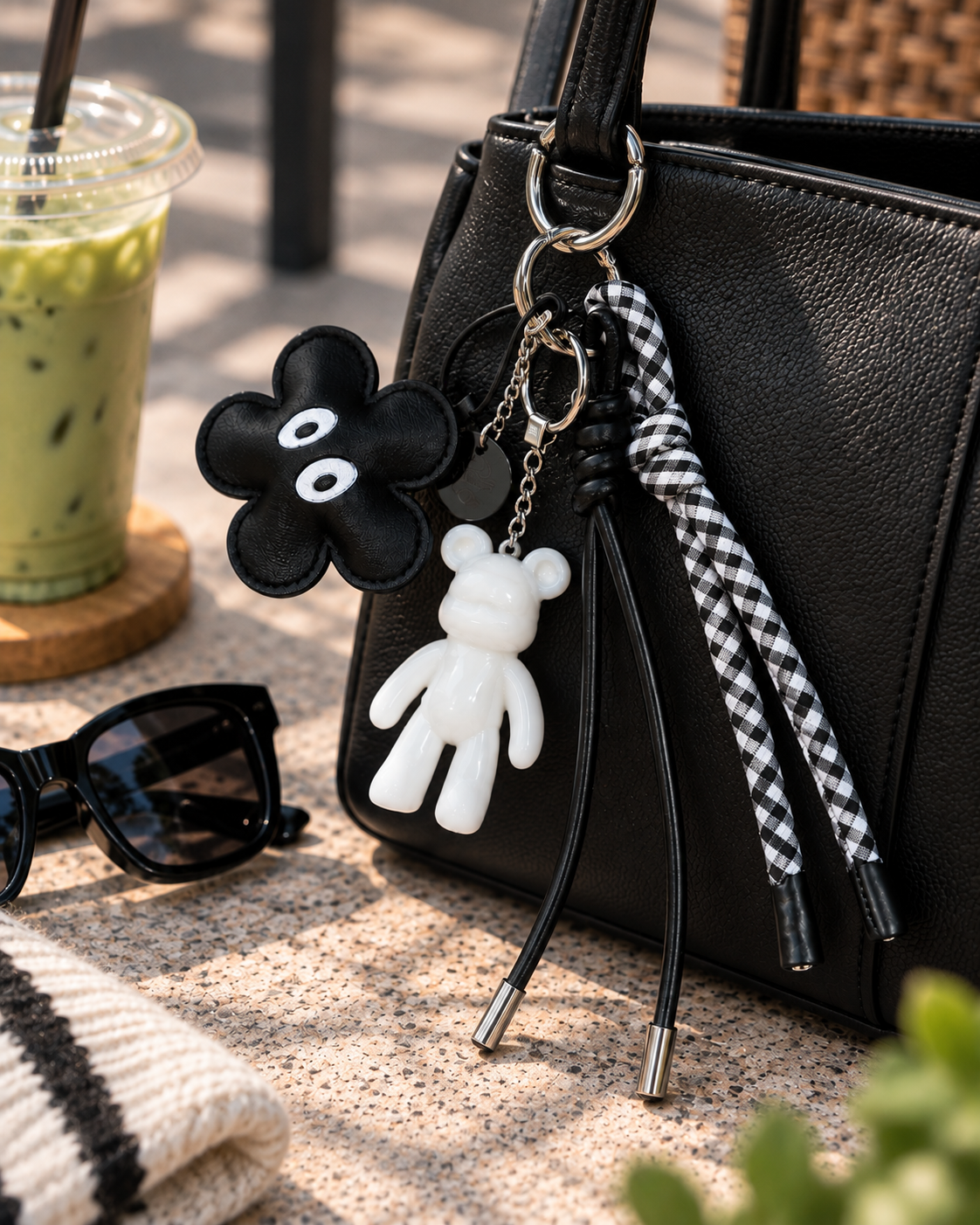 Grigri de sac Urban Ted Black Betty noir et blanc avec Teddy’z blanc glossy, fleur noire et détails vichy
